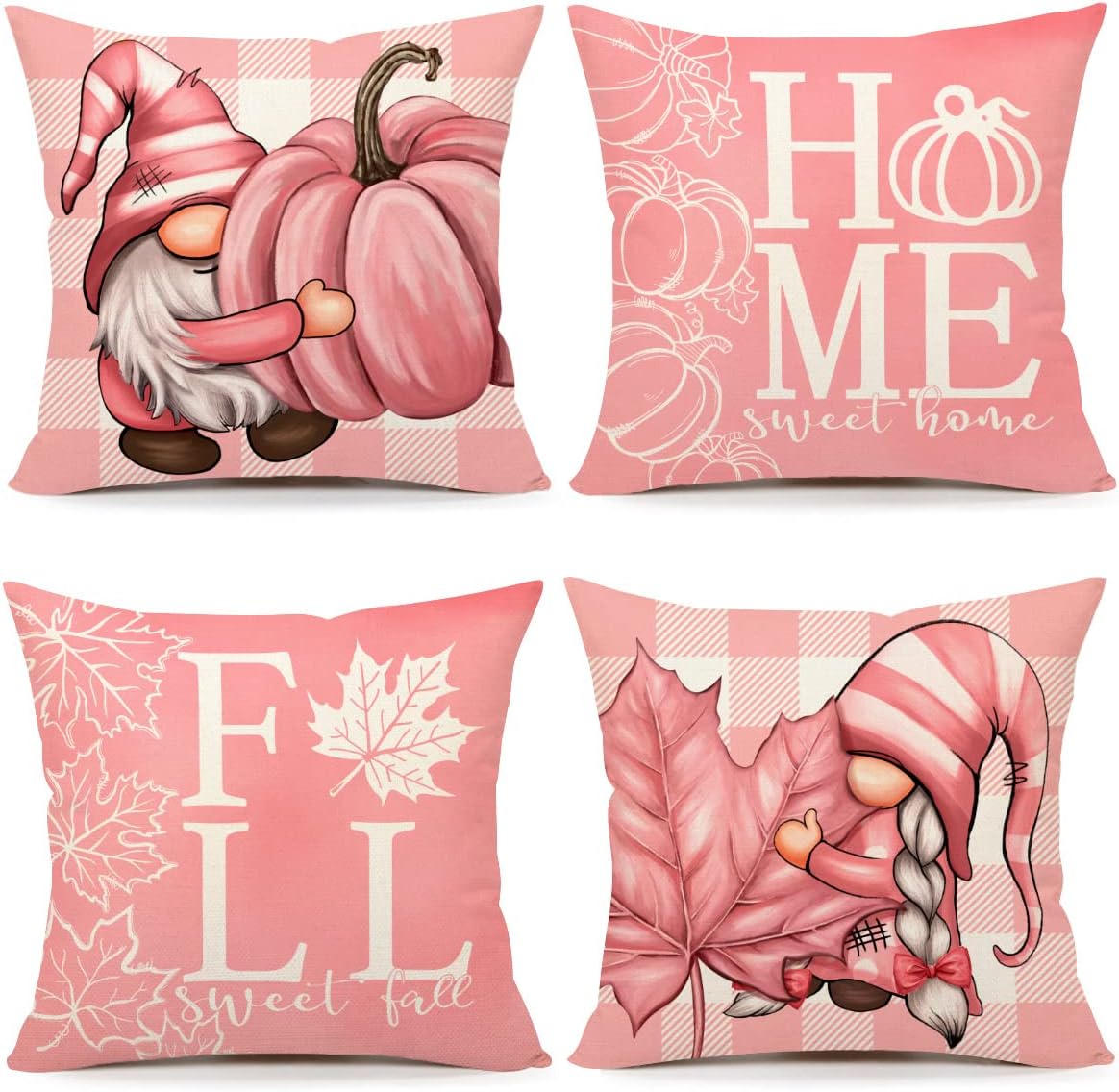 4TH Emotion Fall Decor Pillow Covers 18x18 Set of 4 Buffalo Check Farmhouse Decorations Pink Pumpkin Gnomes Autumn Maple Leaves Throw Cushion Case for Fall Thanksgiving Decorative Pillows S23F11