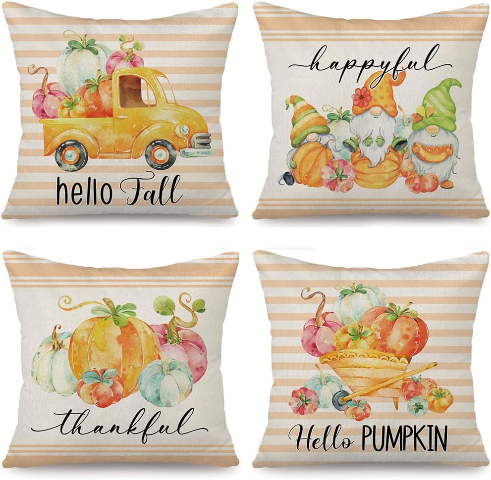 Cirzone FallPillowCovers18x18Set of 4 Fall Decor Gnome Pumpkin Fall Pillows Autumn Farmhouse Fall Outdoor Thanksgiving DecorativeFallThrowPillowCoversFallDecorationsforHome