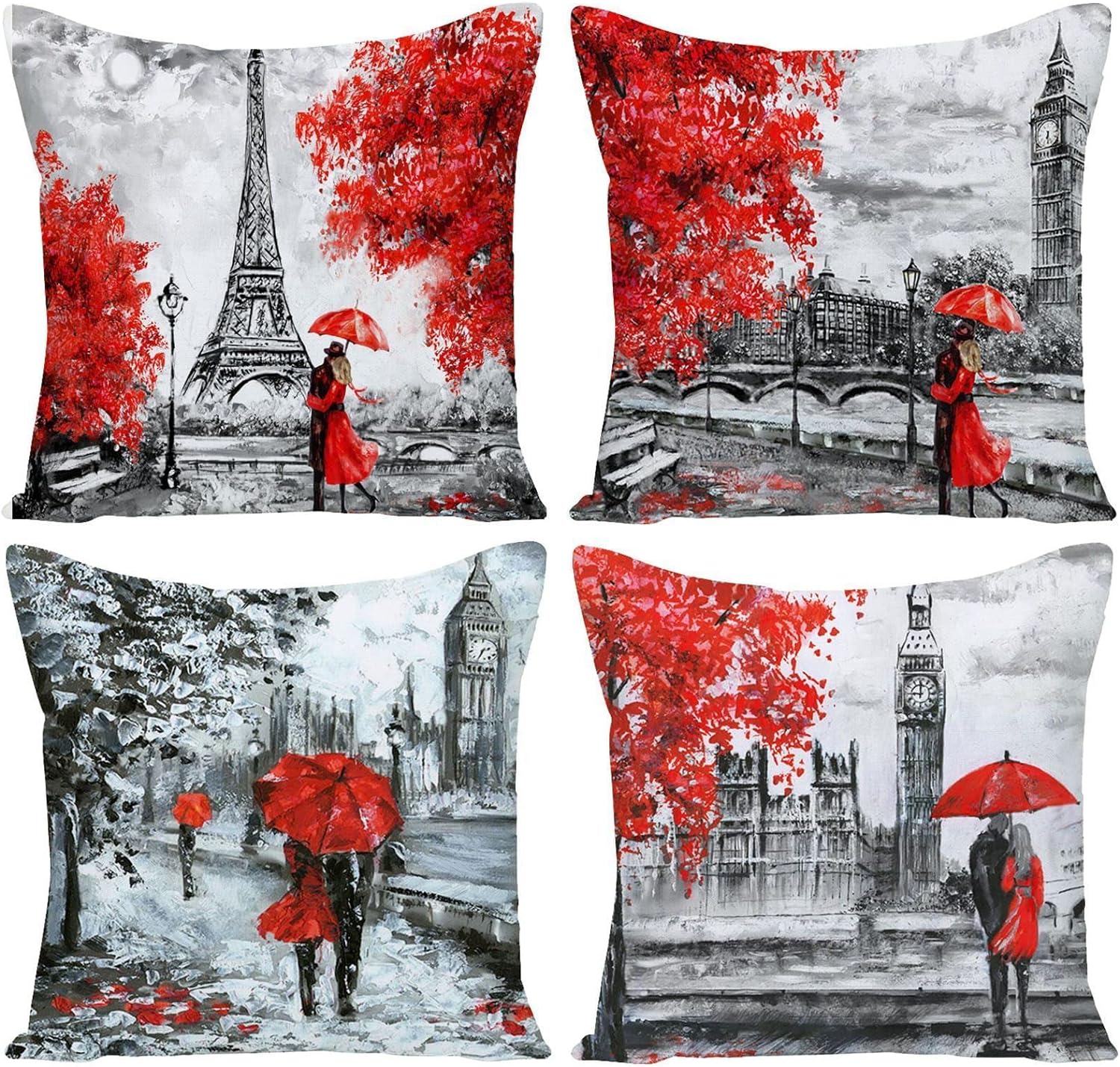 Decorative Red Throw Pillow Covers 18x18 Inches Black Red Color Eiffel Tower Big Ben Lovers Pillow Case Cushion Cover Burlap for Sofa, Living Room, Bedroom, Indoor or Outdoor Pillowcase, Set of 4