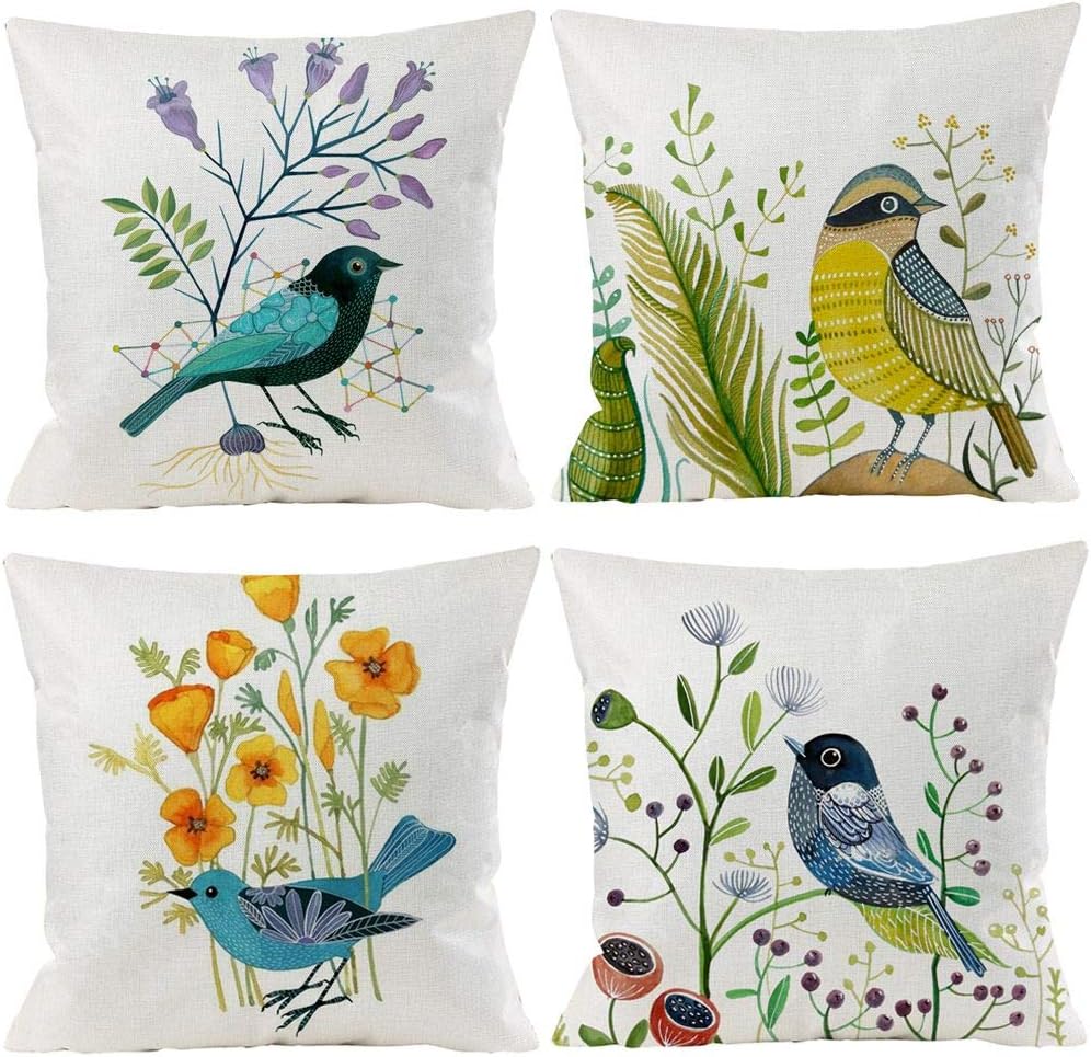 Bird Decorative Pillow Covers Spring Style Throw Pillow Cover Cushion Case Outdoor Flower Bird Set for Sofa Bed Couch Car Office 20x20 Inch Set of 4