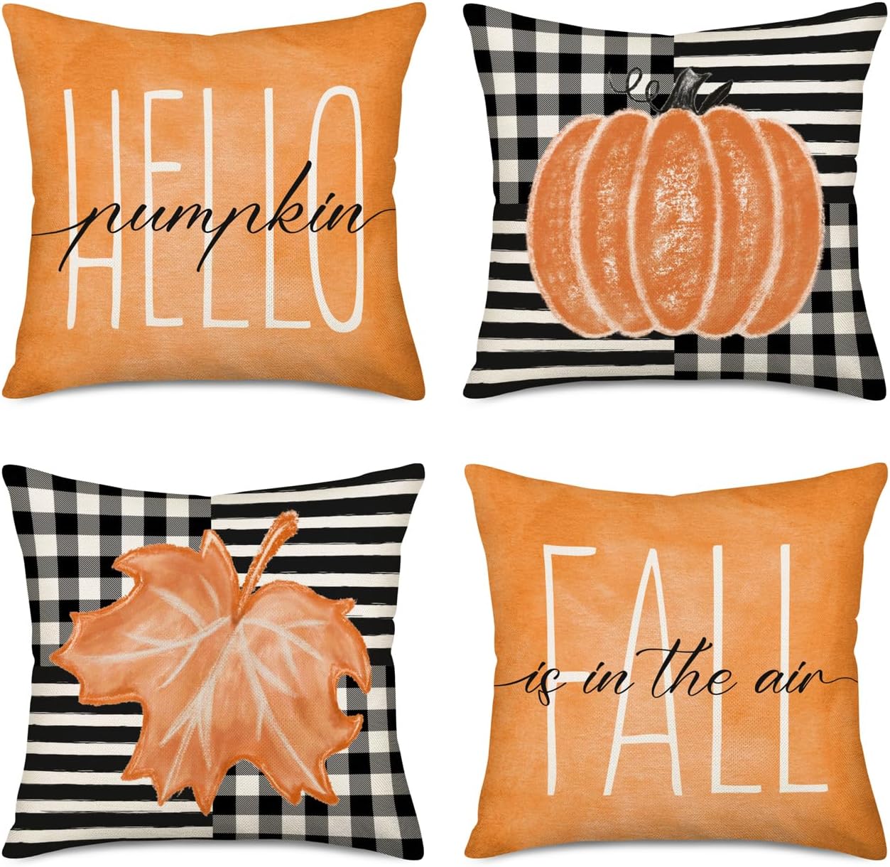 Fall Decor Pillow Covers 18x18 Inch Set of 4 Hello Pumpkin Orange Autumn Maple Leaves Throw Pillow Cases Black and White Buffalo Plaids Stripes Harvest Thanksgiving Farmhouse Decorative Pillows