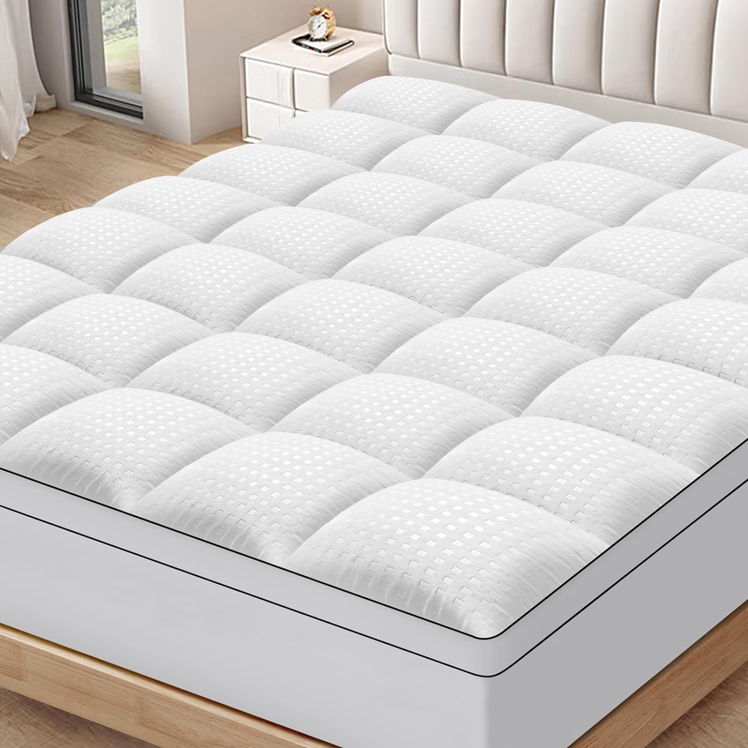 My mattress is pretty old and super uncomfortable, it honestly felt like the springs were poking me when I laid on it; I figured I was going to have to break down and buy a new one but I seen this topper and thought I would give it a try- and Im super glad I did! It makes my mattress feel like a brand new one, its so soft and comfy. I get a great nights sleep, and it was much cheaper than buying a whole new mattress. It fit perfectly and is easy to take on and off to wash it and my fitted shee