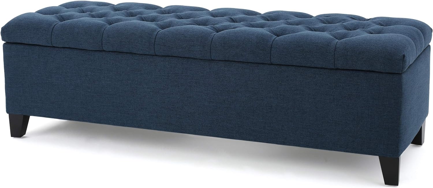 This was a great purchase. Placed at the foot of my bed. It looks good. Love the upholstery and the lovely blue color. Its roomy and holds a lot.