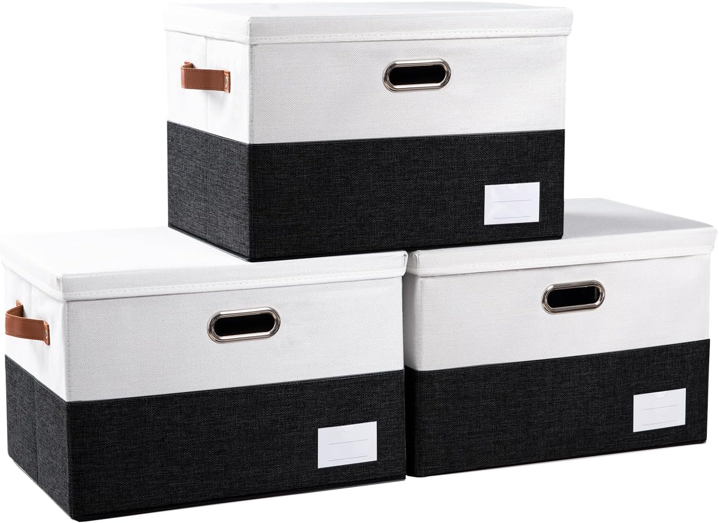 PRANDOM Foldable Storage Bins with Lids [3-Pack] Fabric Collapsible Storage Boxes Baskets Cubes Containers with Handles for Closet Living Room Bedroom (Black & White 17.7x11.8x11.8'')