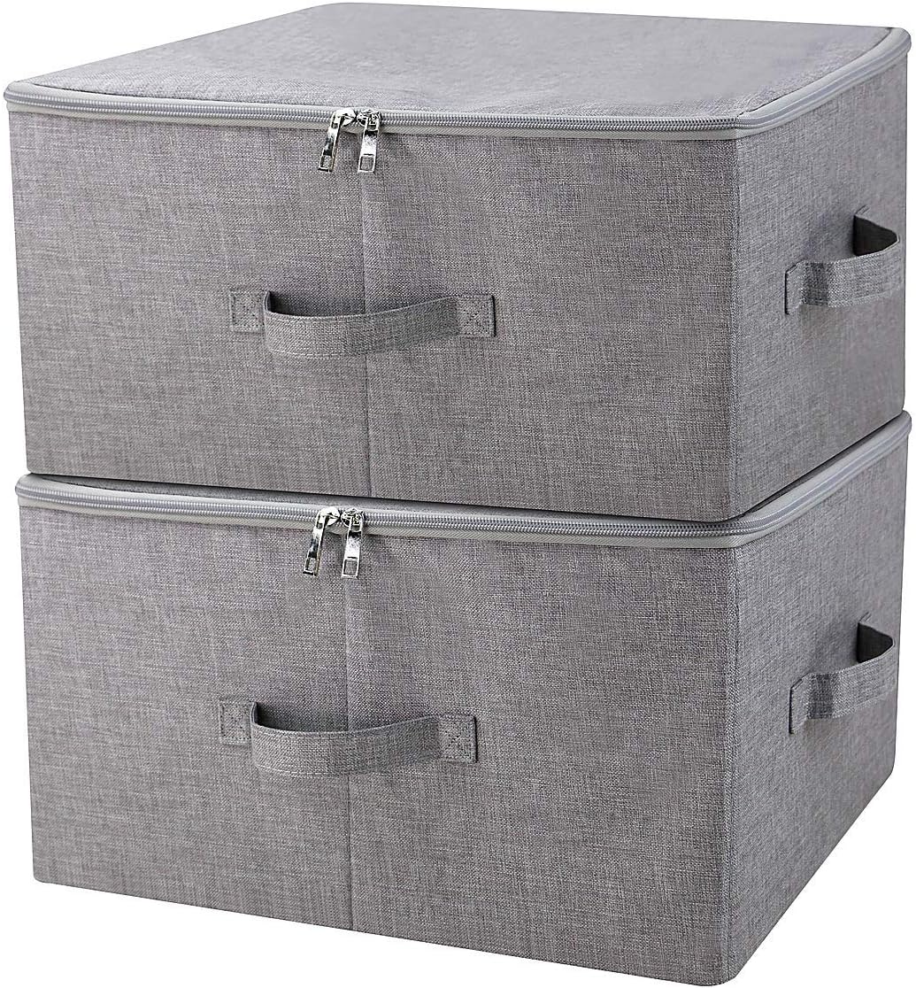 Folding Storage Box with Zip Lid and Handles, Storage Basket With Linen Fabric, Closet Shelf Drawers,Dark Gray, 2 pcs