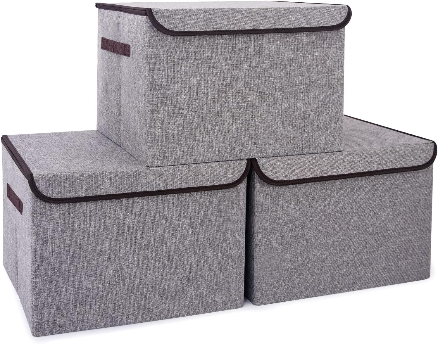 Large 17 42 Quarts Collapsible Stackable Storage Bins with Lids [3-Pack] Foldable Fabric Linen Storage Boxes Cube, Closet Organizer Baskets with Label for Home (16.7 x 12 x 12, Gray)