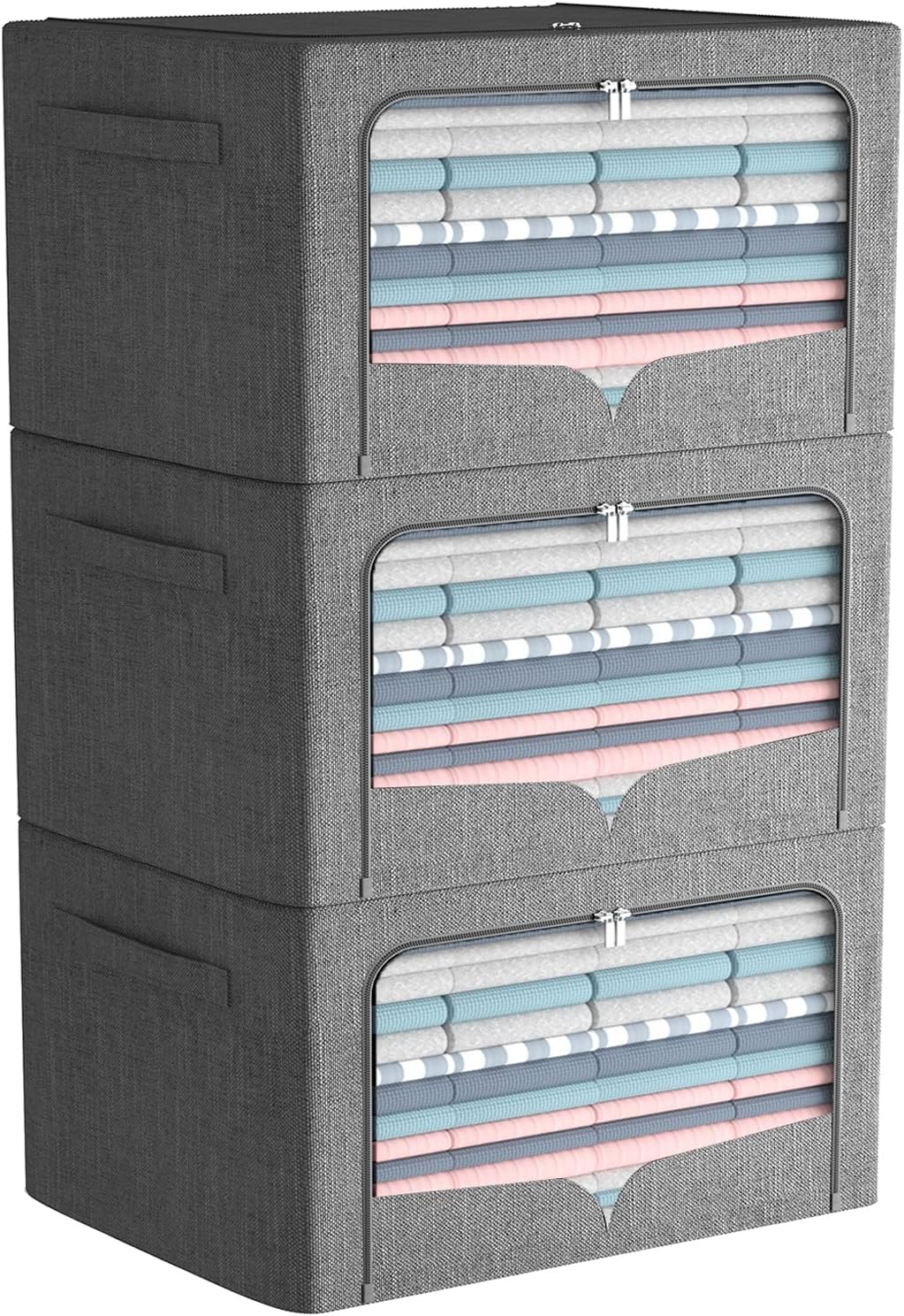 3 Pack Clothes Storage Bins - Foldable Metal Frame Storage Box - Stackable Linen Fabric Organizer Set with Carrying Handles and Clear Window (Dark Gray, 15.7x11.8x7.8inch(22L))