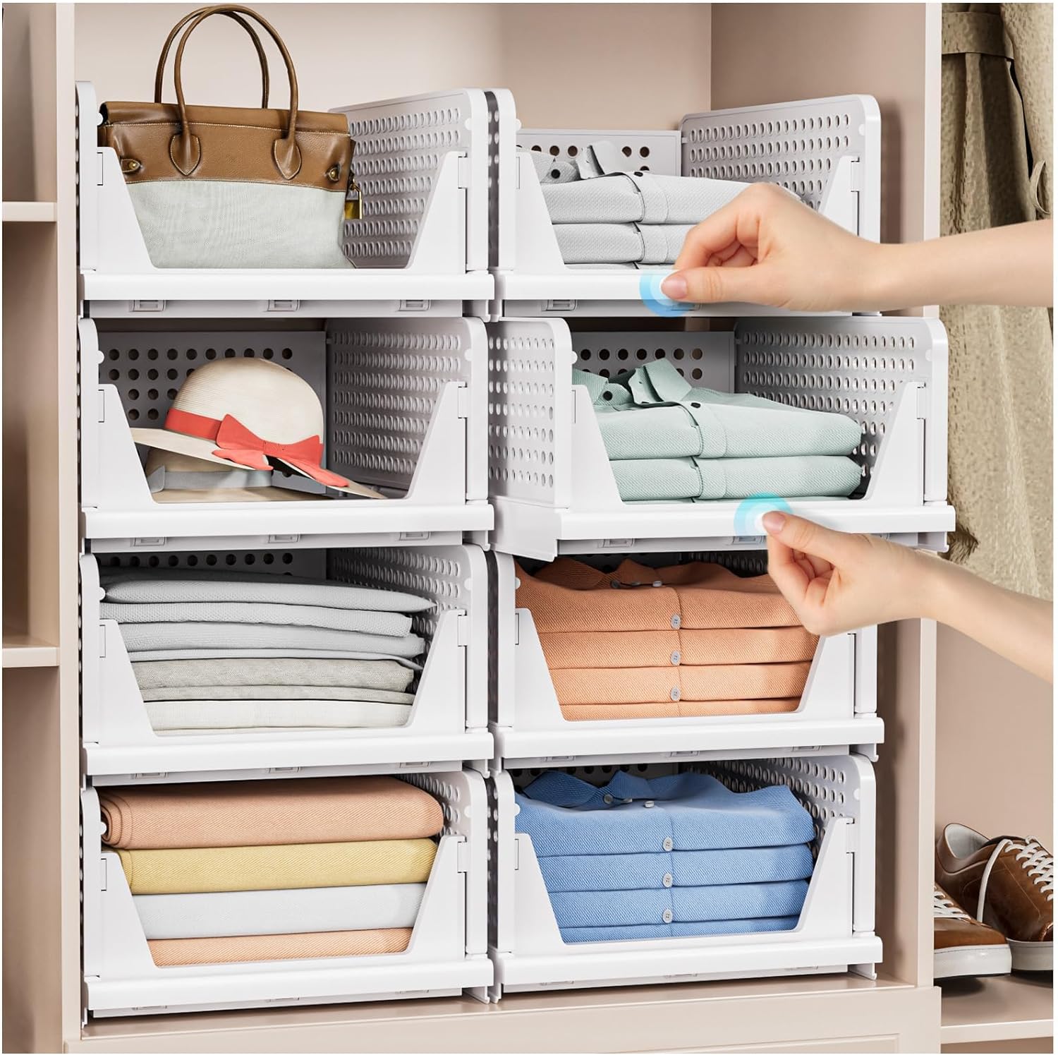 5 Pack Folding Closet Organizers Storage Box, Stackable Plastic Storage Basket, Closet Organizers and Storage Drawer Shelf Storage, Storage Container for Cupboard Kitchen Bathroom