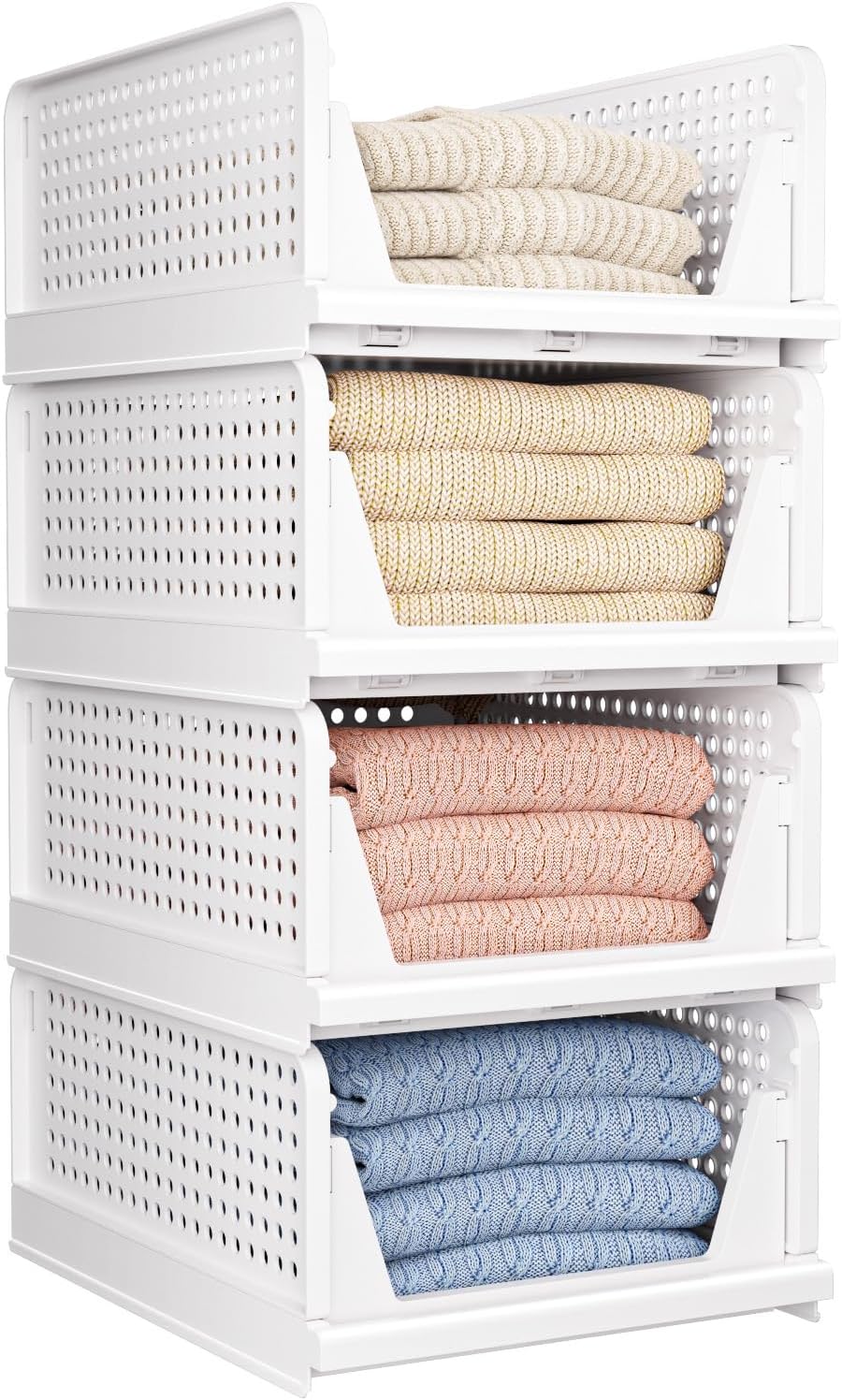 CTSNSLH 4 Pack Folding Closet Organizers Storage Box, Stackable Plastic Drawer Basket for Clothing(White)