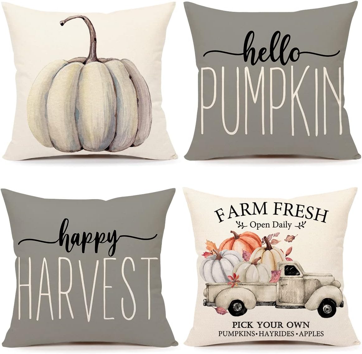 4TH Emotion Fall Decor Pillow Covers 20x20 Set of 4 Gray Pumpkin Farmhouse Decorations Happy Harvest Farm Truck Throw Cushion Case for Fall Thanksgiving Home Decorative Pillows S22F22-20