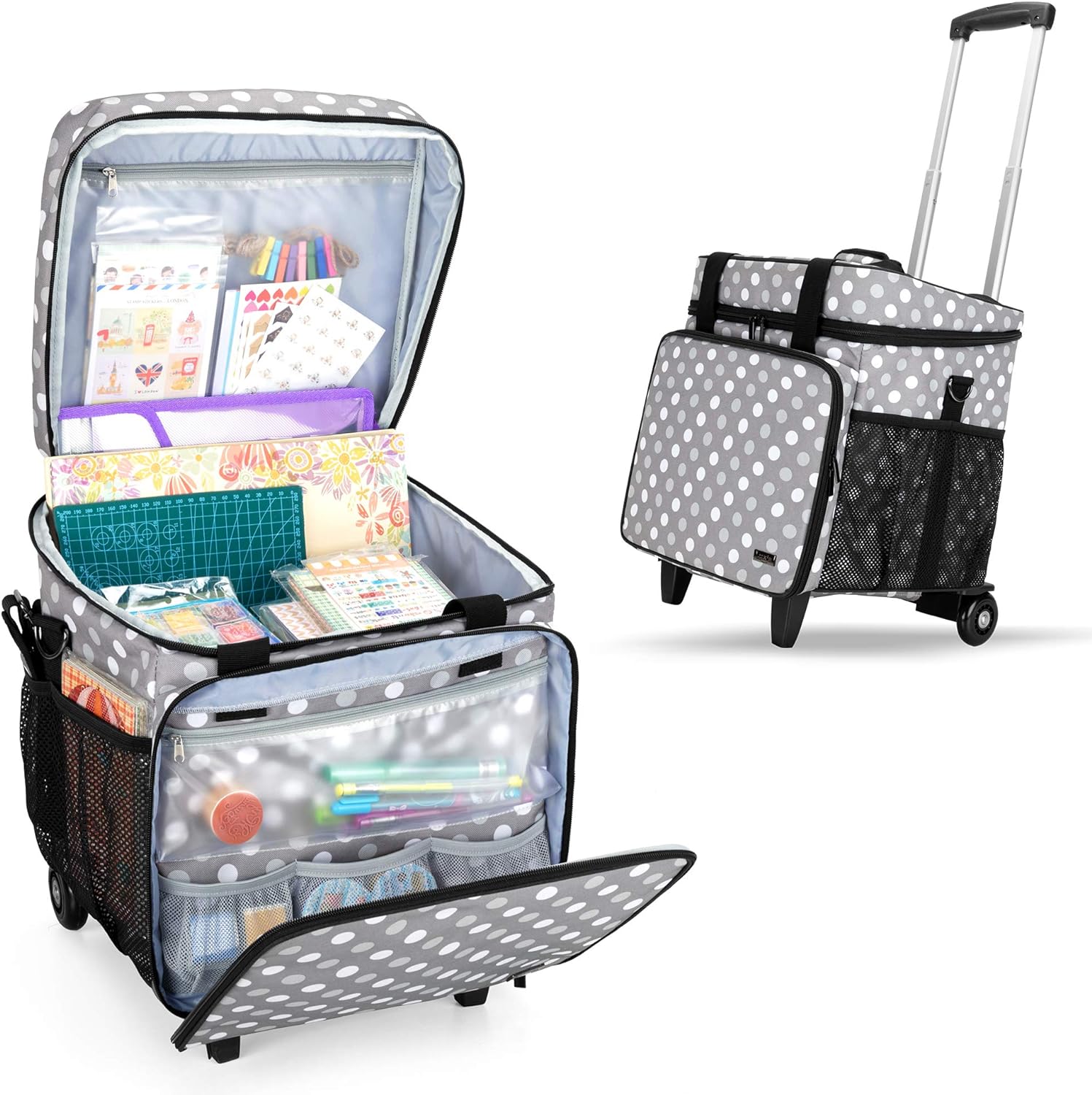 LUXJA Rolling Scrapbook Tote, Scrapbook Bag with Detachable Dolly (Patented Design), Gray Dots