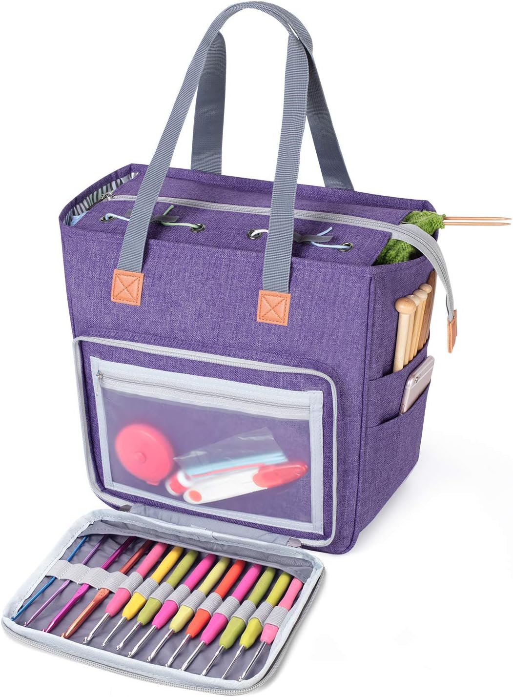 Luxja Small Knitting Tote Bag, Yarn Storage Bag for Carrying Projects, Knitting Needles, Crochet Hooks and Other Accessories, Purple