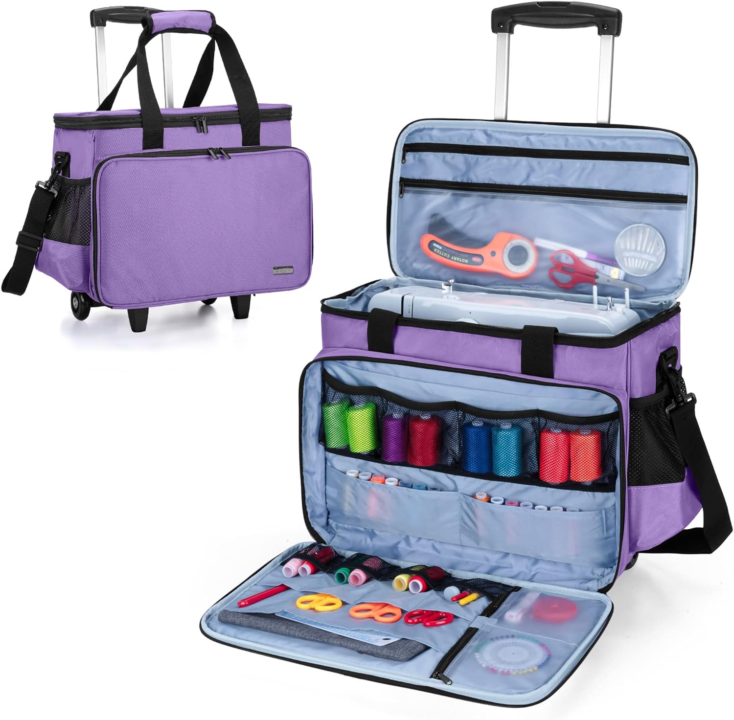 LUXJA Sewing Machine Case with Detachable Dolly and Removable Bottom Pad, Rolling Sewing Machine Tote Fits for Most Standard Sewing Machines, Purple
