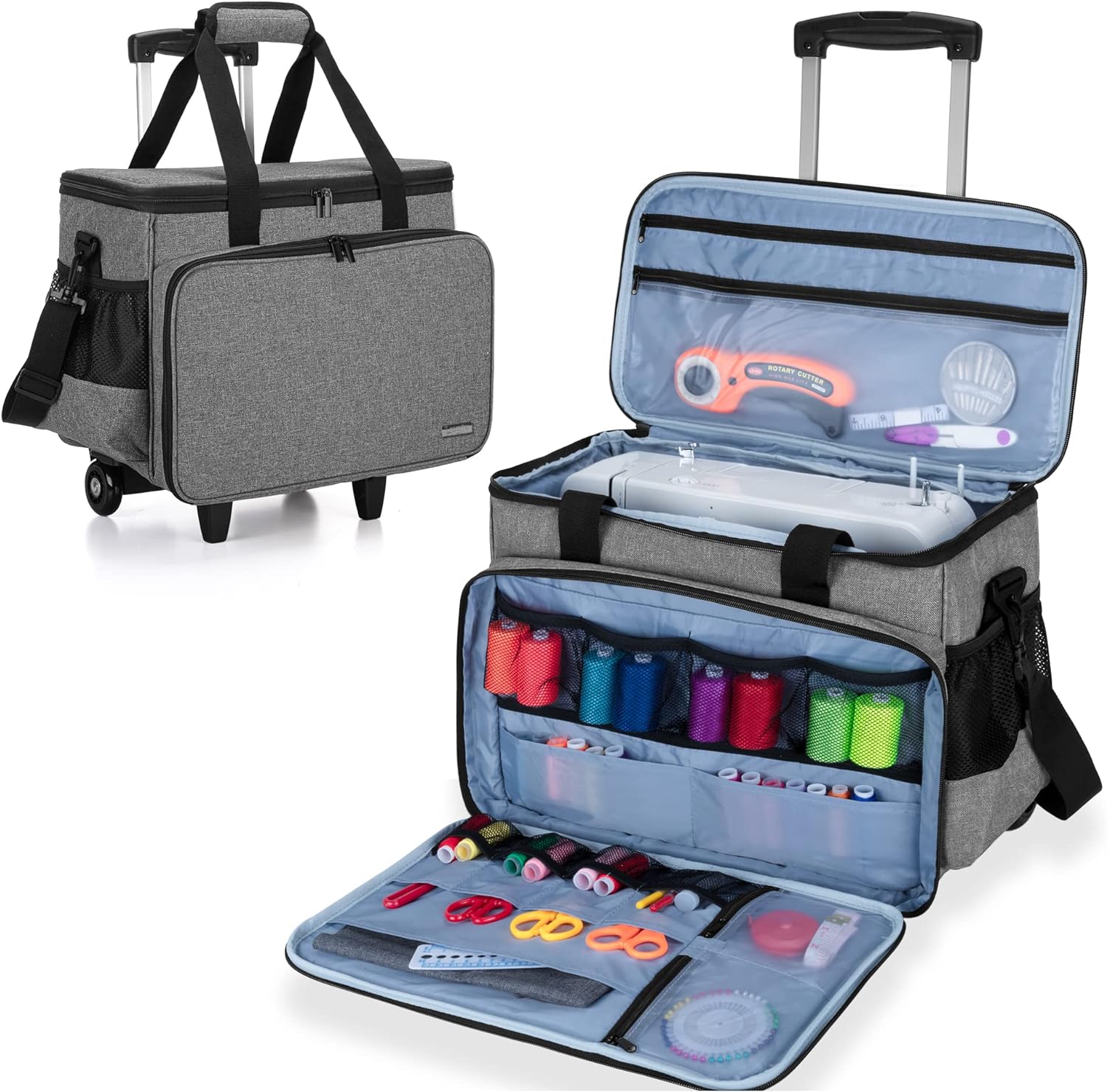 LUXJA Sewing Machine Case with Detachable Dolly and Removable Bottom Pad, Rolling Sewing Machine Tote Fits for Most Standard Sewing Machines, Gray
