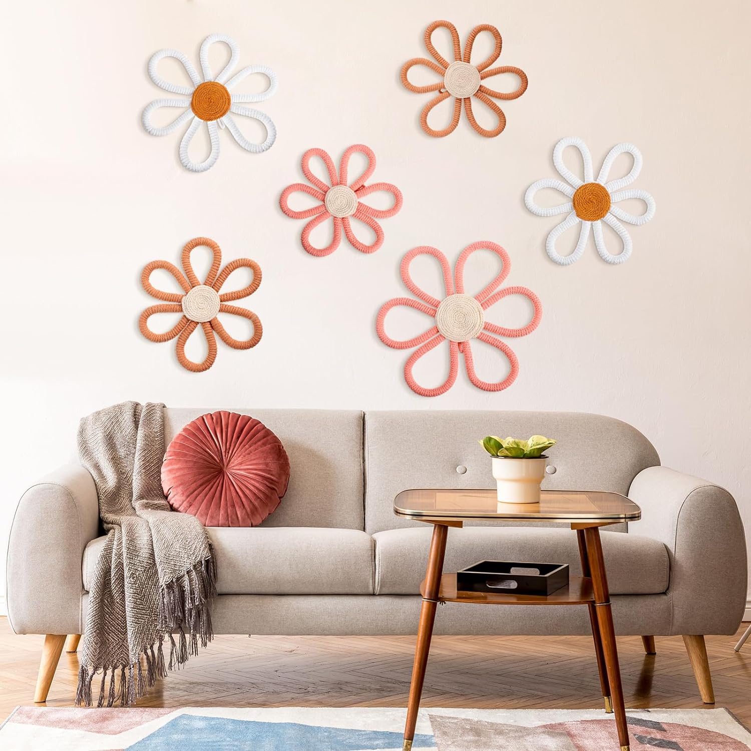 6 Pcs Boho Nursery Decor Daisy Flower Woven Macrame Wall Hanging 3 Size Daisy Decor Flower Wall Decor Bohemian Nursery Home Wall Decor for Kids Nursery Dorm Wall Art (Pink, Brown, White)