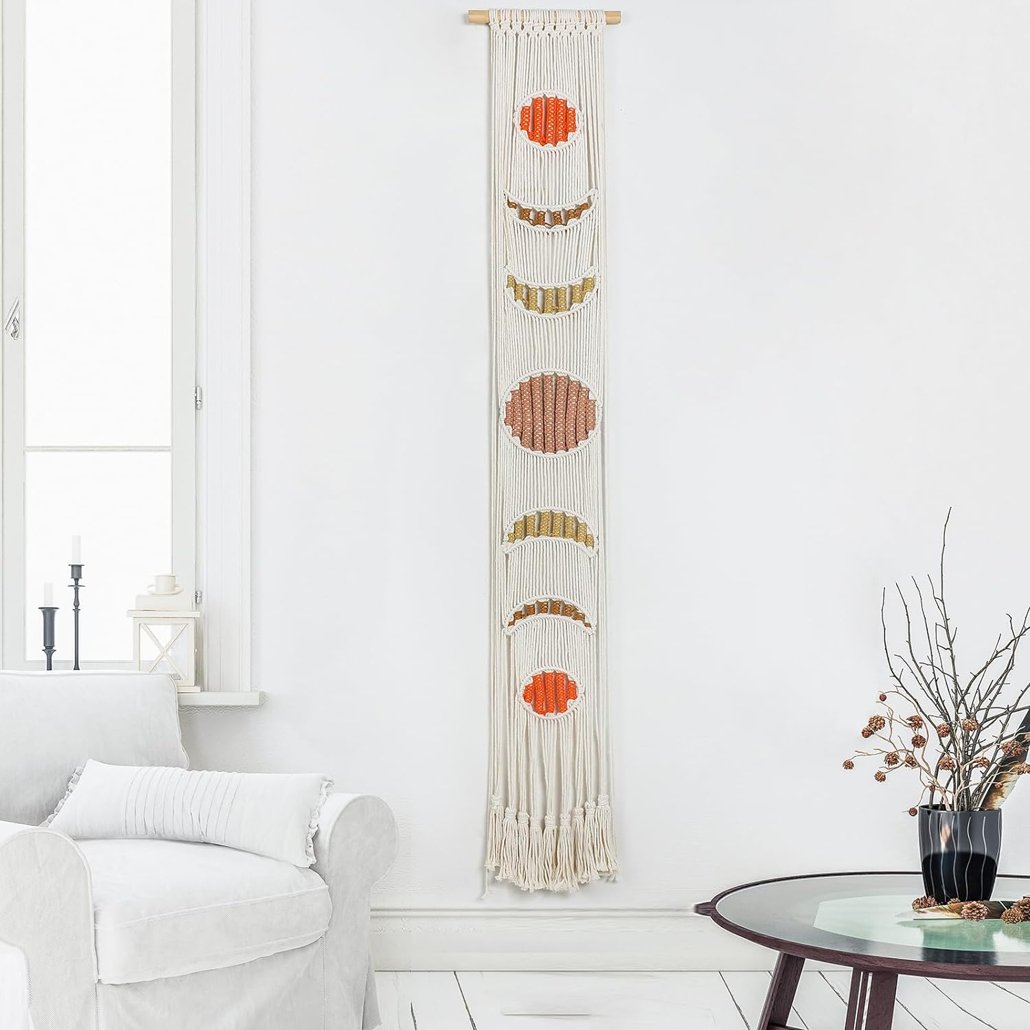 Moon Macrame Wall Hanging, Large Macrame Tapestry Wall Art, Boho Woven Tassel Yarn Tapestry, Above Bed Wall Decor for Bedroom, Bohemian Home Decor, Nature Cotton 63.78x8.66inch