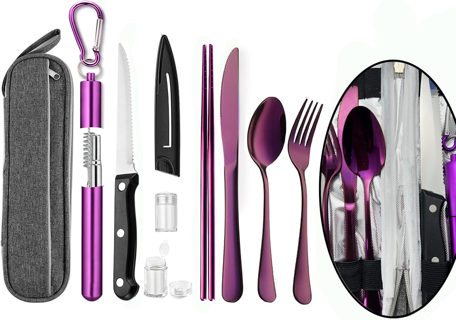 Portable Travel Reusable Utensils Silverware with Case,Travel Camping Cutlery set,Chopsticks and Straw Flatware, Stainless steel Travel Utensil set UP(Purple)