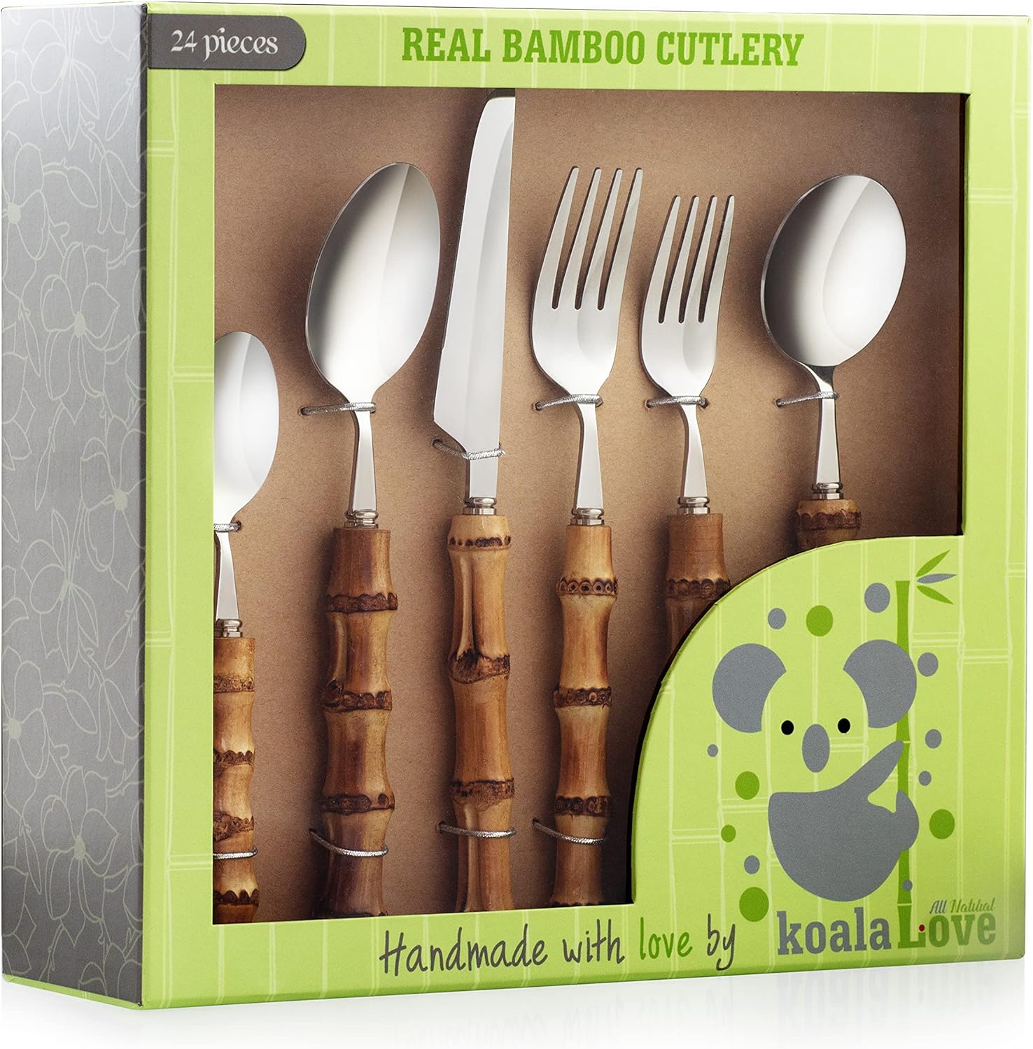 Bamboo Silverware Set Natural Bamboo Flatware Set Hand Crafted Bamboo Cutlery Utensils, Handmade With Love By KoalaLove! (4 Sets, 24 Cutlery Pieces, Silver)