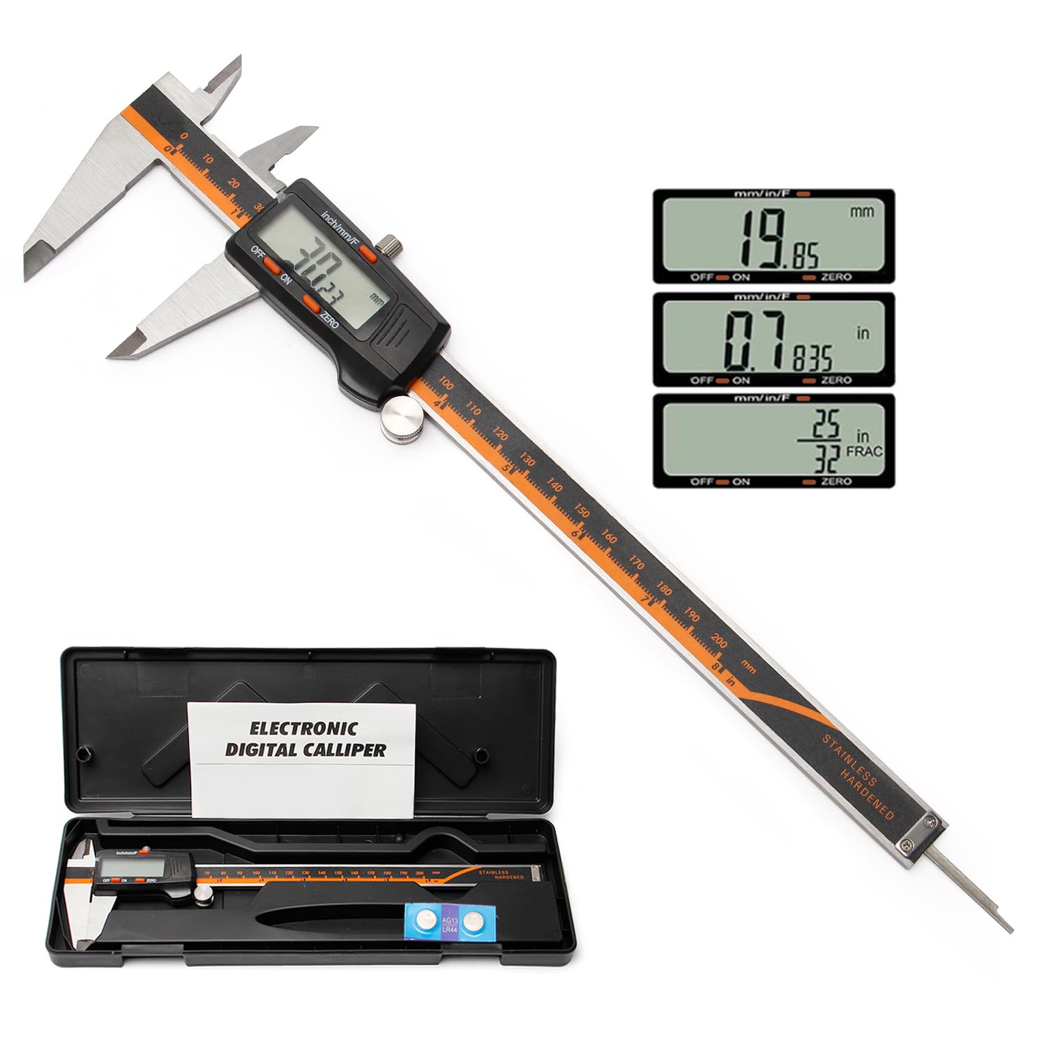Digital Caliper 8 Inch Micrometer Measuring Tool Electronic Machinist Calibrador Ruler Stainless Steel Metal Vernier Precision Instruments Inch Metric Fraction with Battery