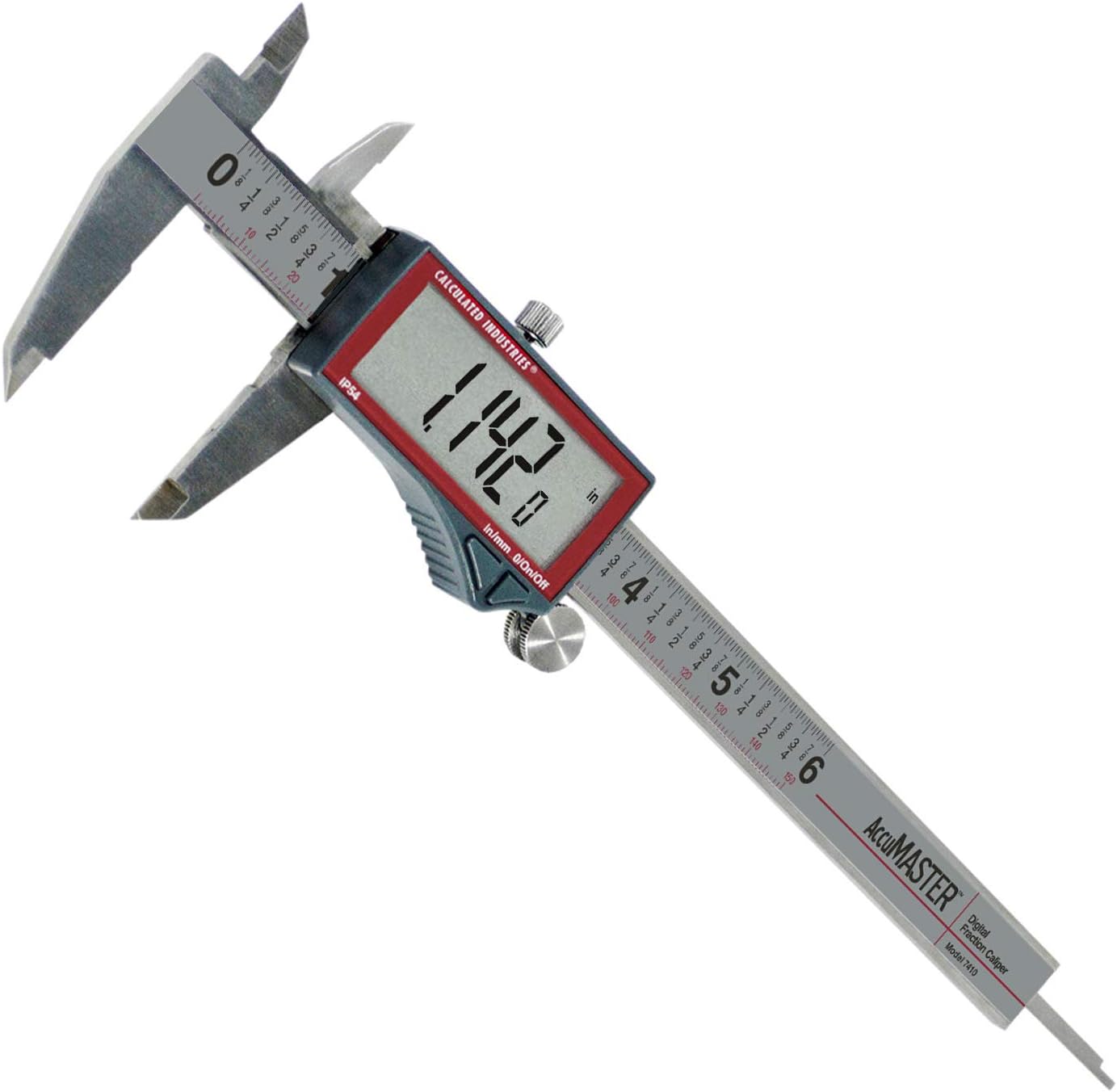 Calculated Industries 7410 AccuMASTER 6-Inch Digital Caliper, Fractional (1/64ths) + Inch + Metric with Largest Display Digits for Woodworkers | Stainless Steel | IP54 Splash/Dust Resistant | Auto-Off