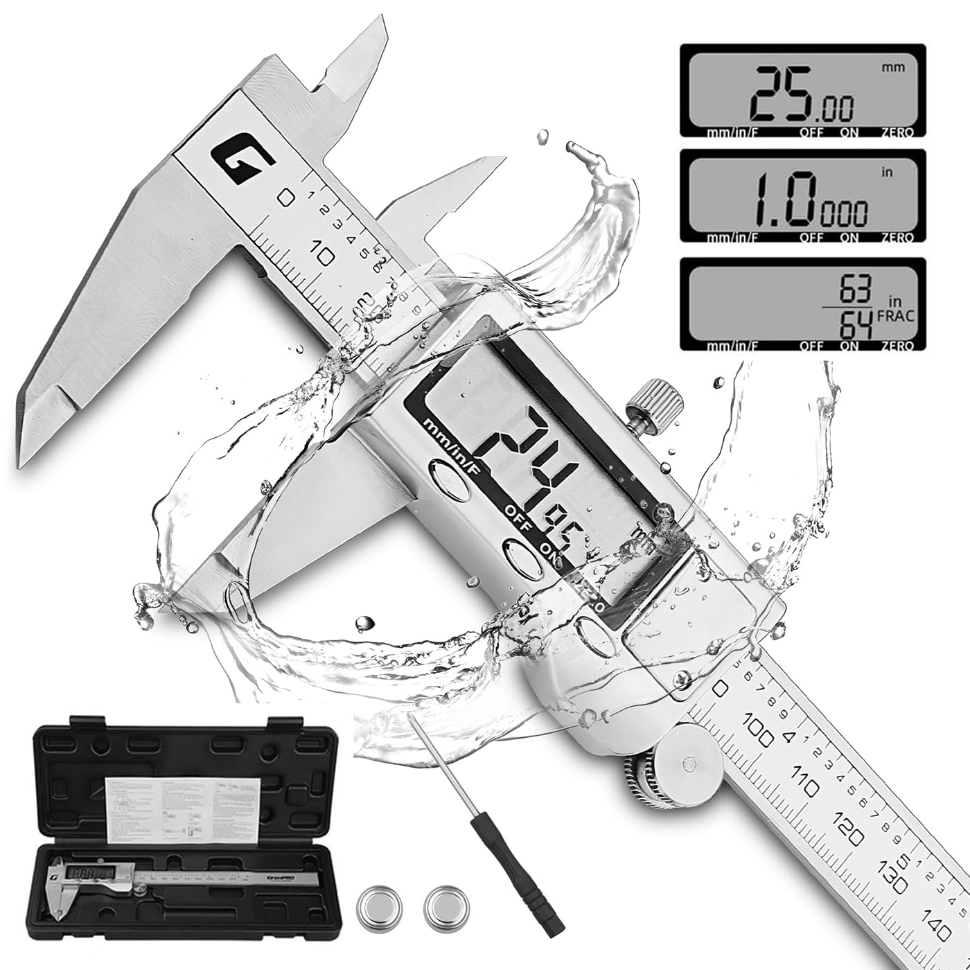 Digital Caliper,6 Inches Electronic Digital Vernier Caliper Measuring Tool,All Metal Micrometer Vernier Caliper with Huge LED Screen for Woodworking Jewelry, Polished Silver