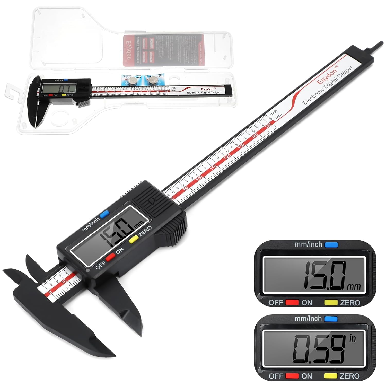 Digital Caliper, Esydon Upgraded Calipers 6 inch, Measuring Tool, Electronic Ruler, with Large LCD Screen, Auto-Off Feature, Inch and Millimeter Conversion, Plastic Case, Perfect for Household, DIY