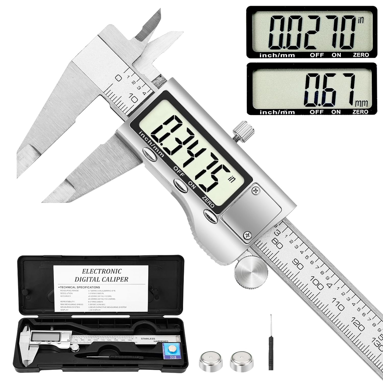 Digital Caliper Measuring Tool, 6 Inch Stainless Steel Vernier Caliper Digital Micrometer with Large LCD Screen, Auto-Off Feature, Easy Switch from Inch to Millimeter