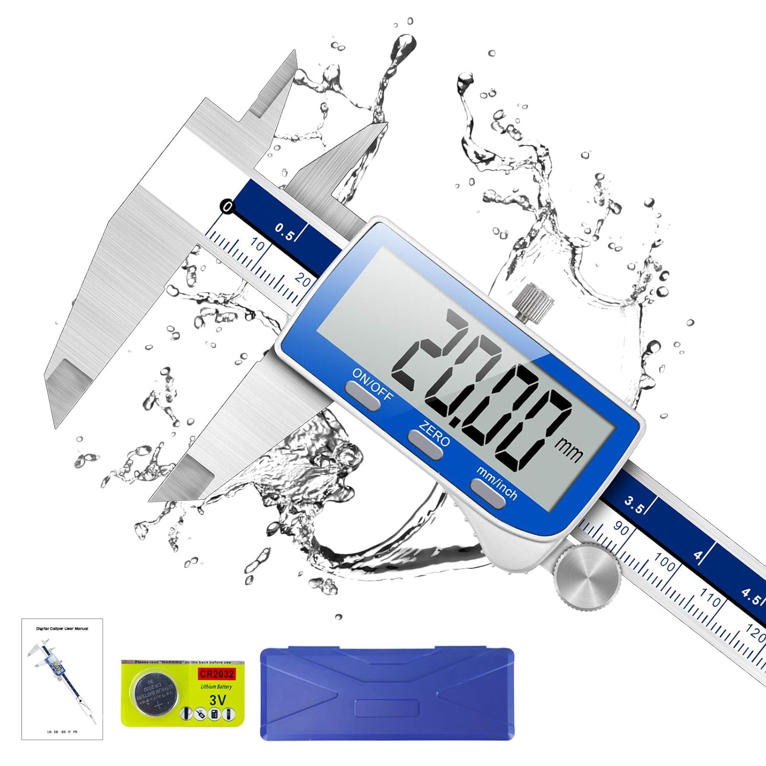 Qfun Digital Caliper, 0-6inch Caliper Measuring Tool Extreme Accuracy IP54 Waterproof Electronic Vernier Caliper Stainless Steel Digital Micrometer with Extra Large LCD Screen