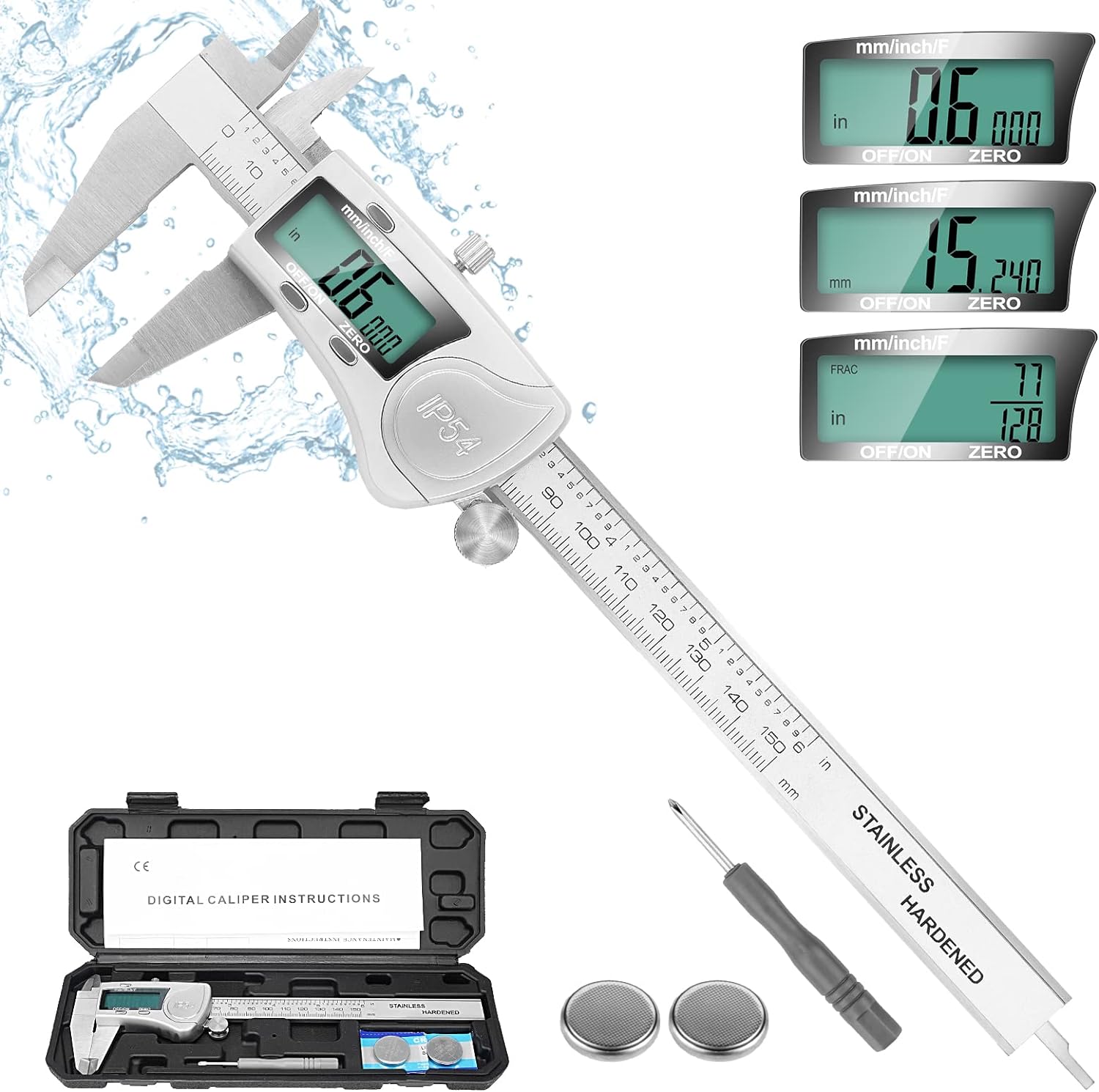Digital Caliper Measuring Tool, IP54 Waterproof Electronic Micrometer Caliper, Stainlee Steel Vernier Caliper with Large LCD Screen, Inch Metric Fraction Conversion, 6 Inch for Household/DIY