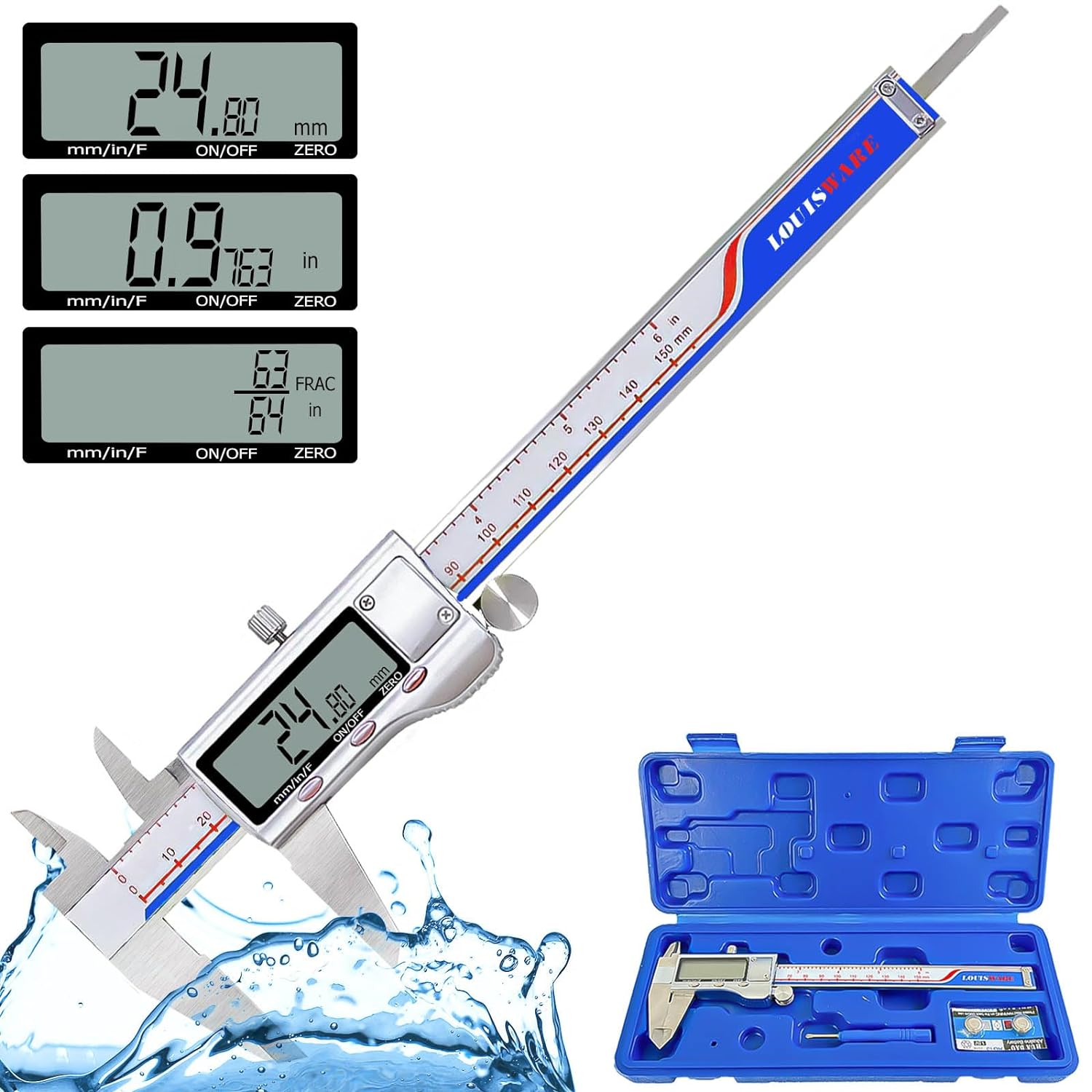 Digital Caliper, Vernier Caliper Measuring Tool with Stainless Steel, Electronic Micrometer Caliper with Large LCD Screen, Auto-Off Feature, Easy Switch from Inch Metric Fraction, (6 Inch//150 mm)