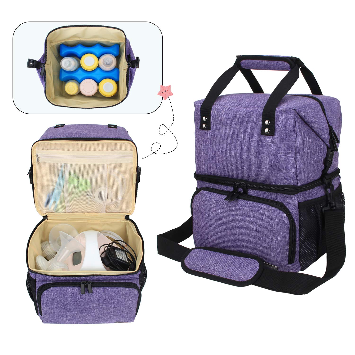 Luxja Breast Pump Bag with 2 Compartments for Breast Pump and Cooler Bag, Leakproof Pumping Bag for Working Mothers (Fits Most Major Breast Pump), Purple