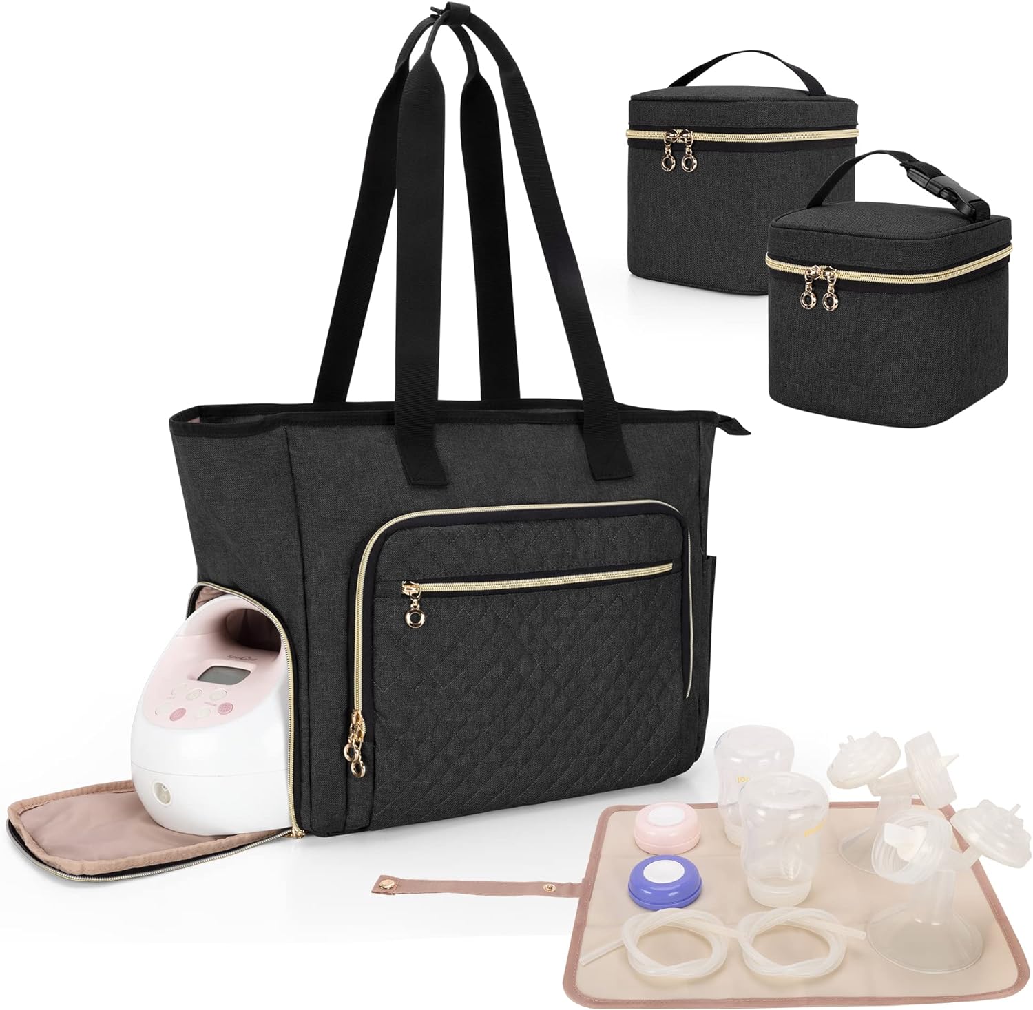 Luxja Breast Pump Bag (with a Breastmilk Cooler Bag, a Small Carrying Case and a Waterproof Mat) Compatible with Spectra S1 and S2, Pumping Bag for Breast Pump and Extra Parts, Black