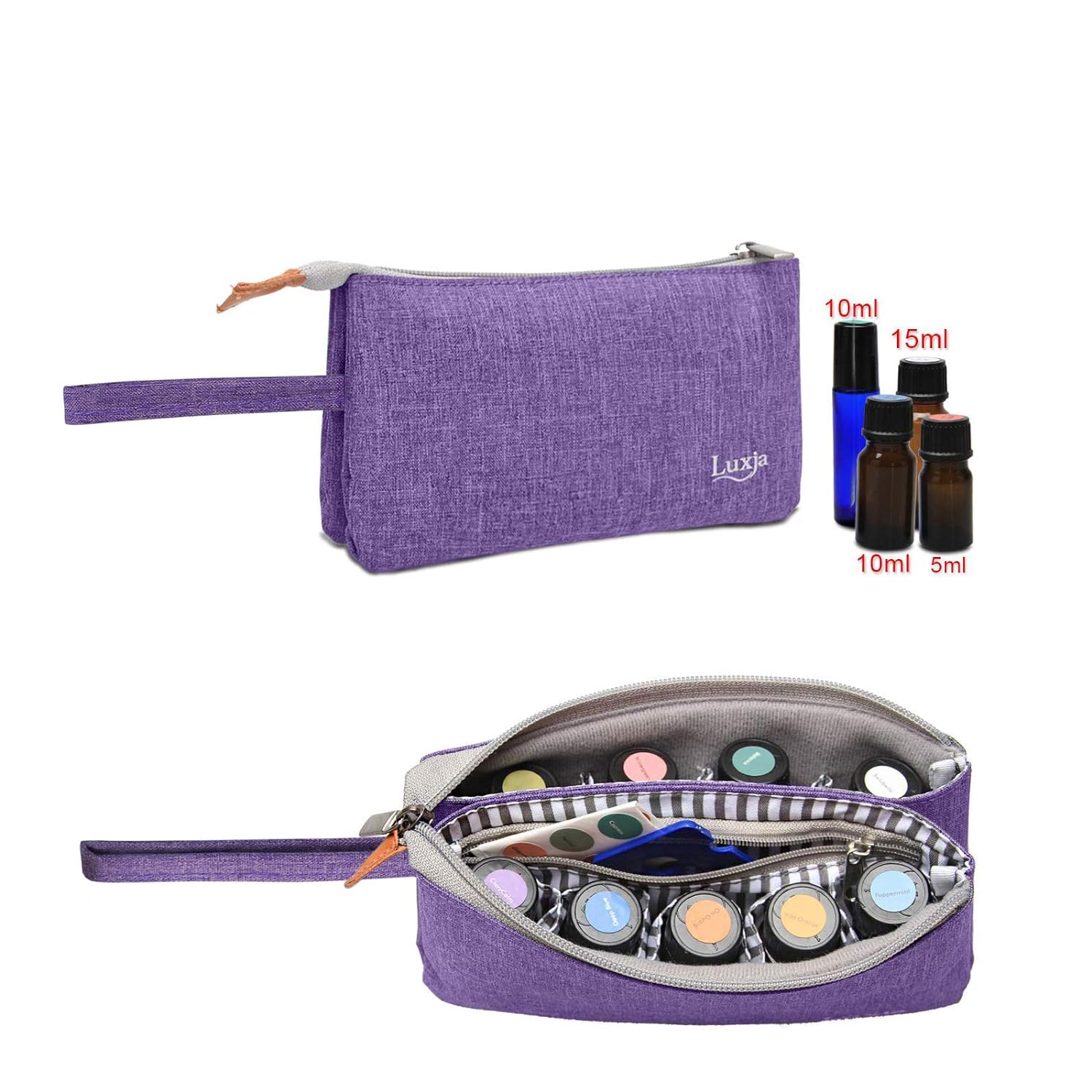 LUXJA Essential Oil Carrying Bag - Holds 9 Bottles (5ml-15ml, Also Fits for Roller Bottles), Portable Organizer for Essential Oil and Small Accessories, Purple