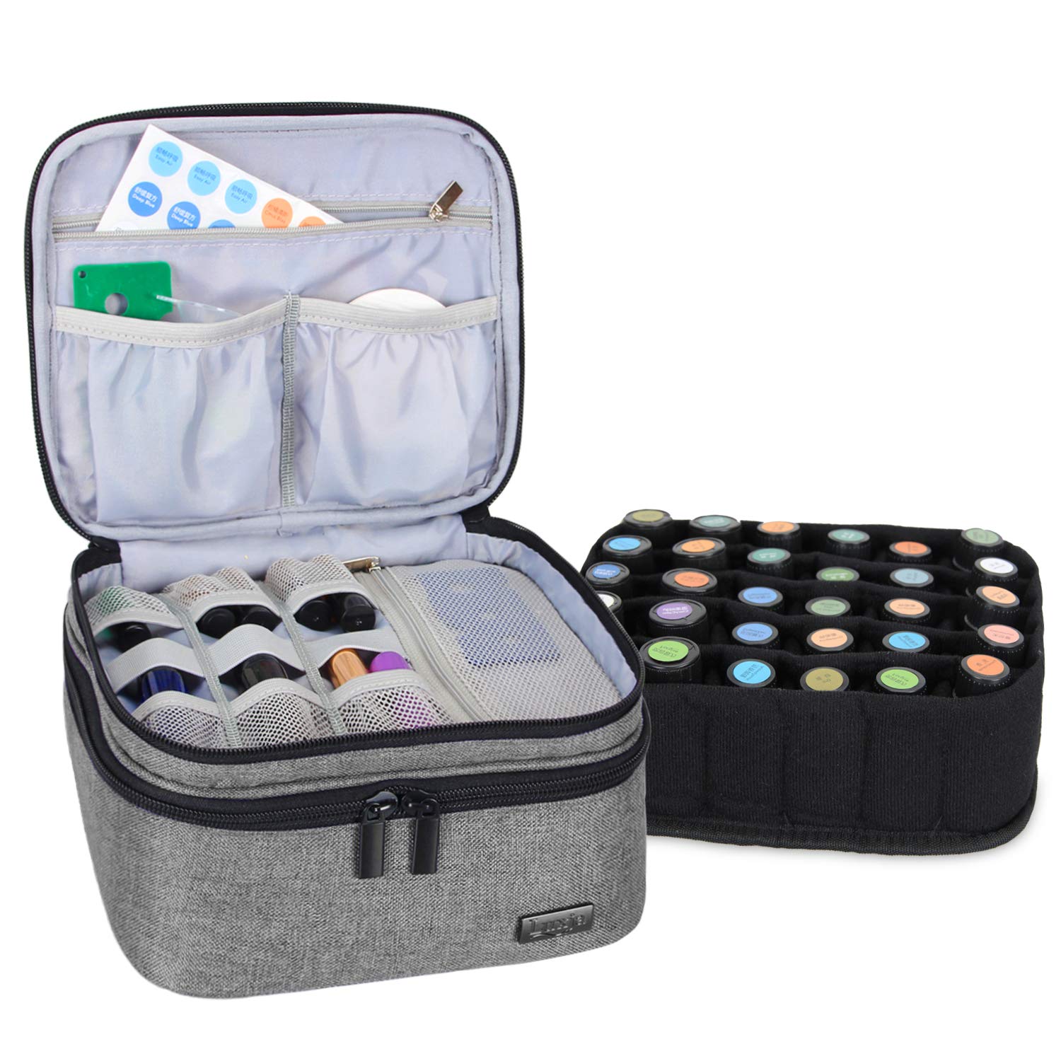 LUXJA Essential Oil Carrying Case - Holds 30 Bottles (5ml-30ml, Also Fits for Roller Bottles), Double-Layer Organizer for Essential Oil and Accessories, Gray (Bag Only)