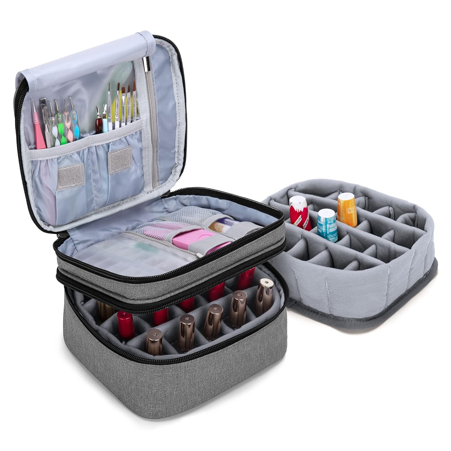 LUXJA Nail Polish Carrying Case - Holds 20 Bottles (15ml - 0.5 fl.oz), Double-layer Organizer for Nail Polish and Manicure Set, Gray