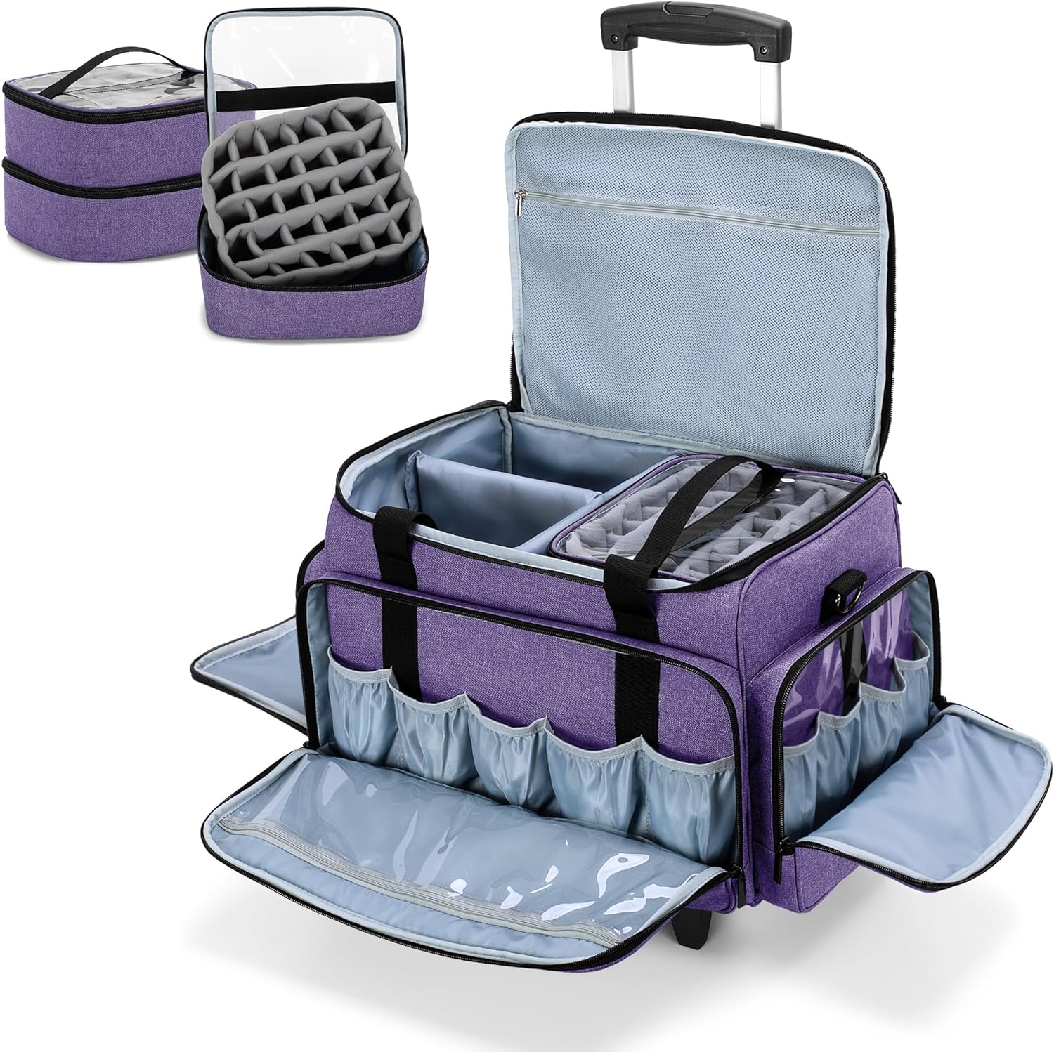 LUXJA Rolling Nail Polish Organizer Holds 90 Bottles and a Nail Lamp, Rolling Nail Polish Case with a Detachable Dolly and 3 Removable Cases (Patented), Purple