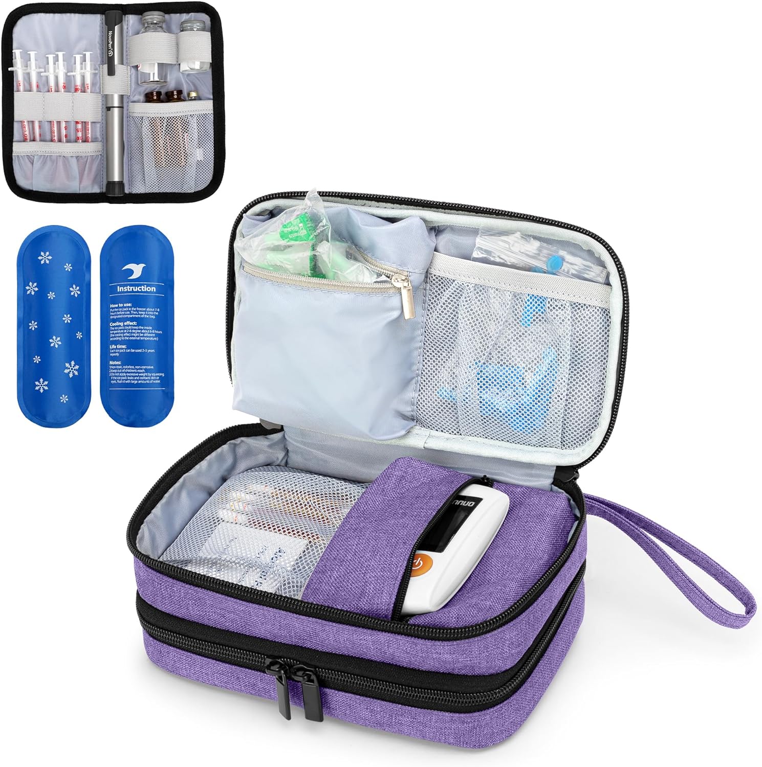 LUXJA Insulin Travel Case with 2 Ice Packs, Double Layer Diabetes Travel Case for Glucose Meter and Other Diabetic Supplies, Purple