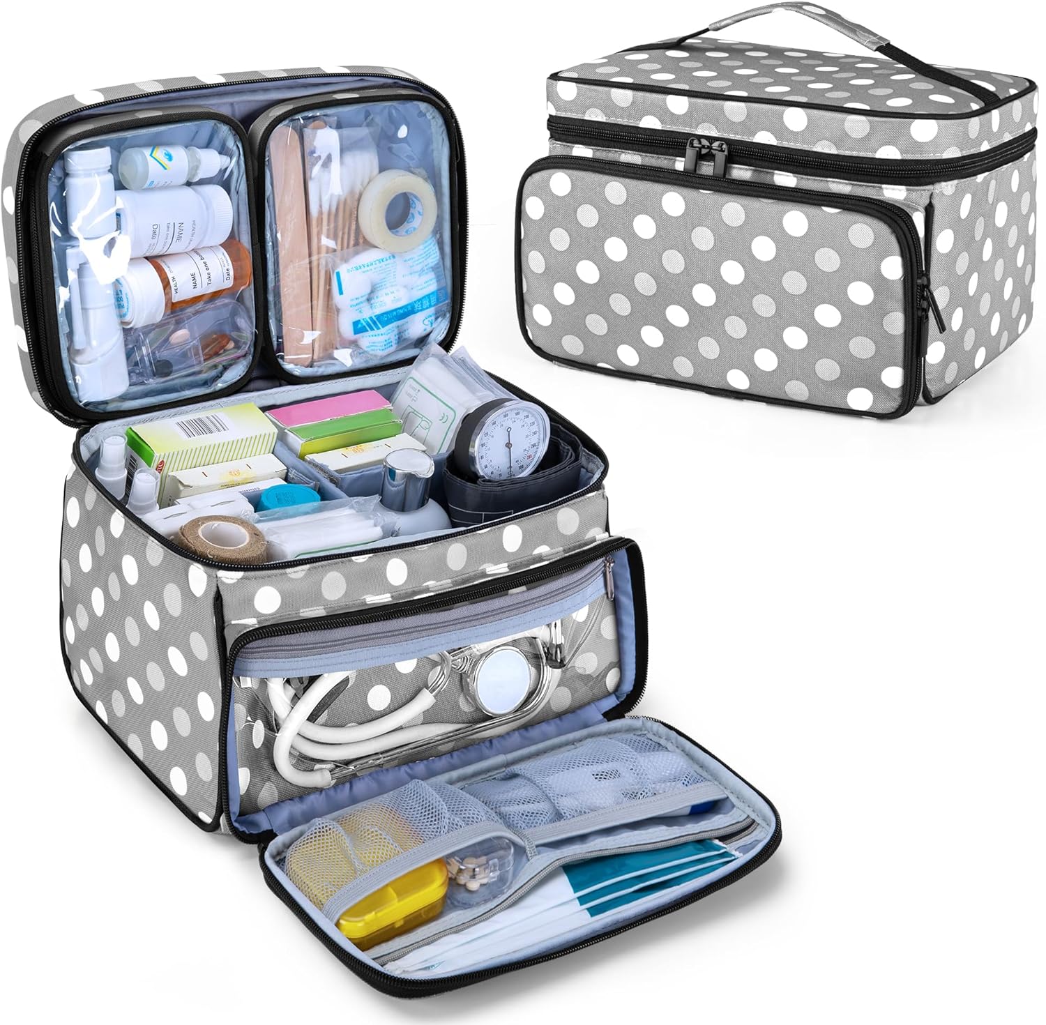 LUXJA Medicine Bag with 2 Detachable Clear Pouches, Pill Bottle Organizer with Detachable Dividers (Suitable for Home or Travel Use), Gray Dots