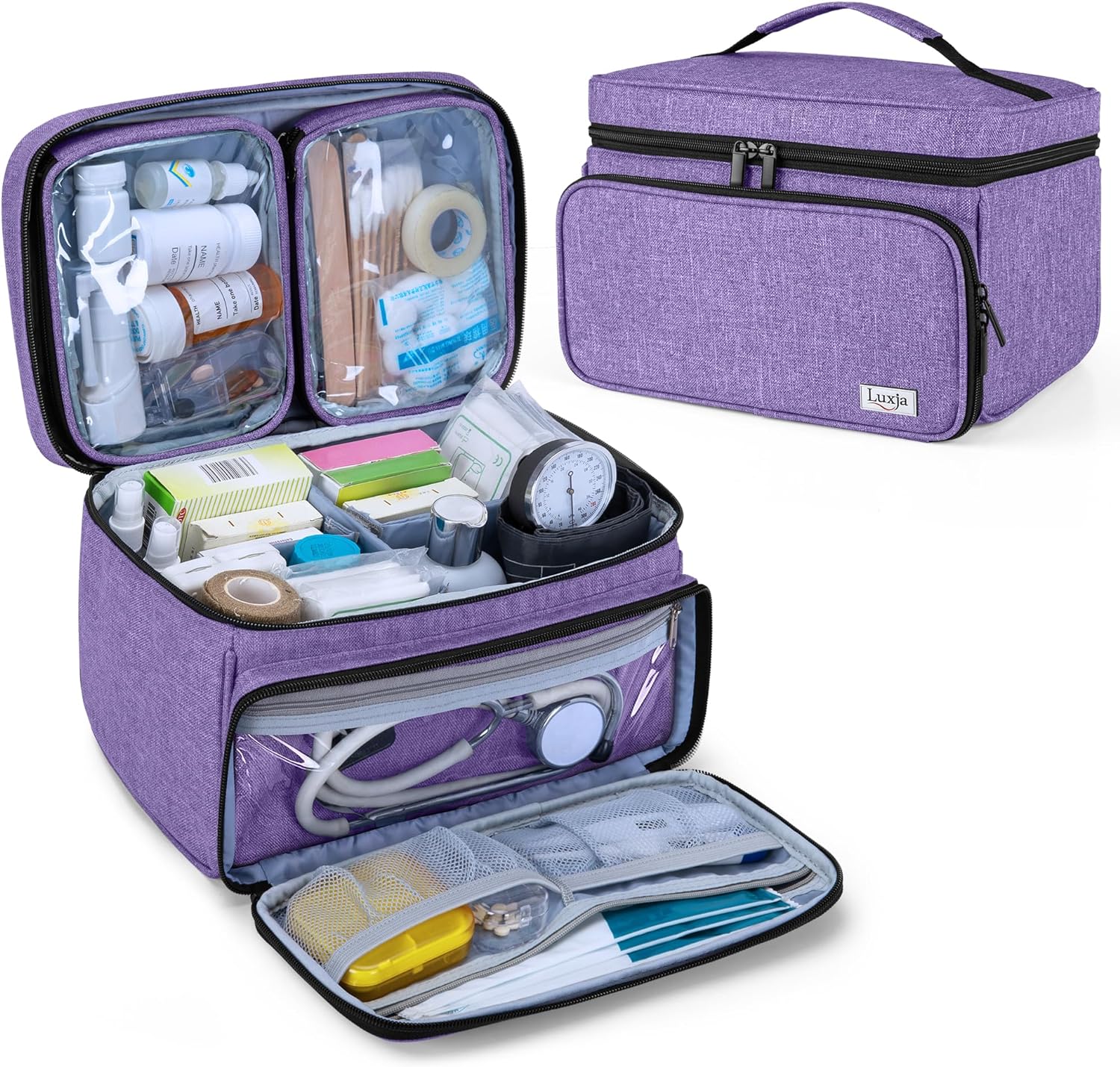 LUXJA Medicine Bag with 2 Detachable Clear Pouches, Pill Bottle Organizer with Detachable Dividers (Suitable for Home or Travel Use), Purple