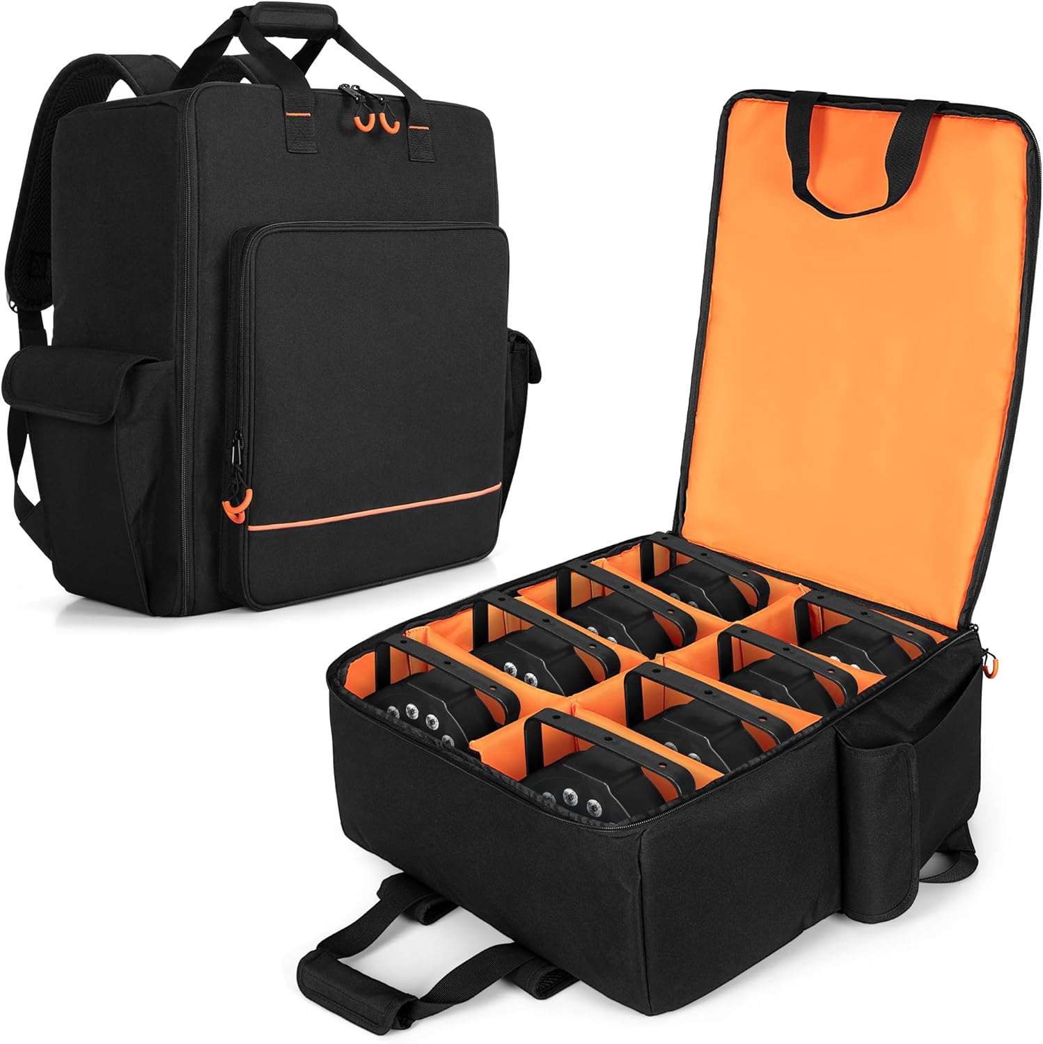 LUXJA Padded Par Light Bag (Backpack) Fits 8 Par Lights, Par Light Case with Inner Divider and Accessory Pockets, Black