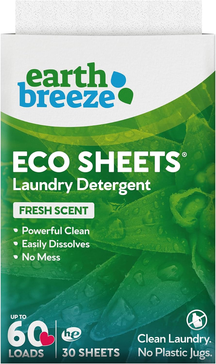 Earth Breeze Laundry Detergent Sheets - Fresh Scent - No Plastic Jug (60 Loads) 30 Sheets, Liquidless Technology