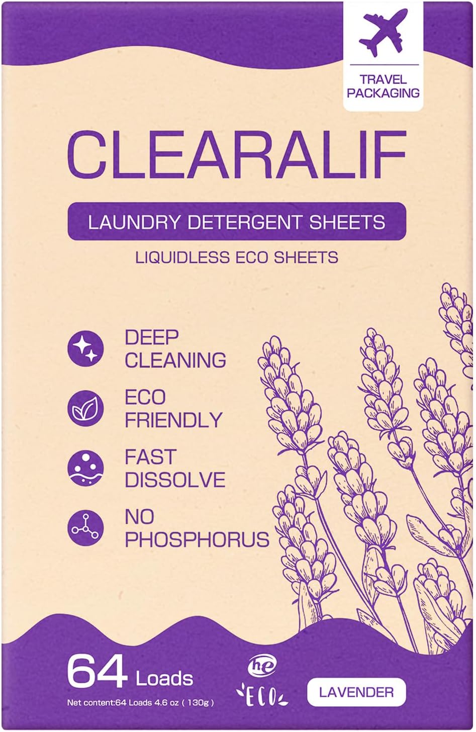 CLEARALIF Laundry Detergent Sheets, Lavender, 64 Load, CLEARALIF Laundry Detergent Strips Eco Friendly & Hypoallergenic