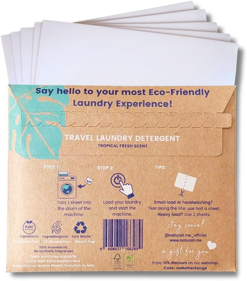 Naturali Eco Travel Laundry Detergent Sheets - 5-Pack: Compact, Convenient, Cruise Ship Essentials; Sink & Hand Wash Soap; Must-Have for International & European Travel