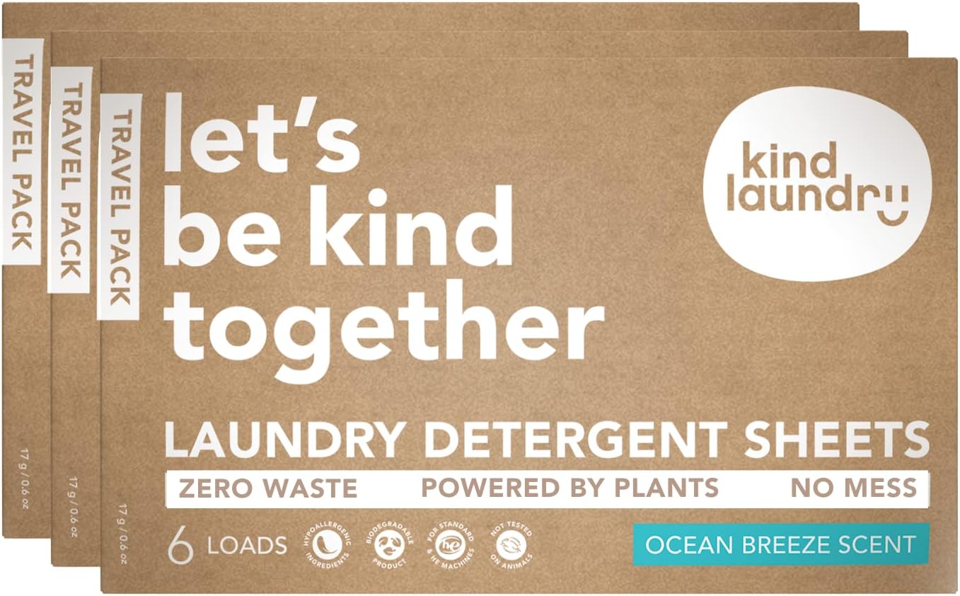 Kind Laundry - Laundry Detergent Sheets, Travel Natural Laundry Detergent Alternative, Chemical-Free Laundry Soap Sheets, Pre-Cut Natural Laundry Detergent, 6 Detergent Sheets, Ocean Breeze, Pack of 3