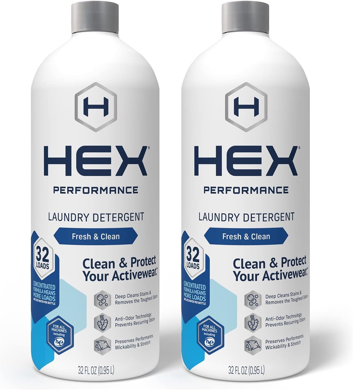 HEX Performance Laundry Detergent, Fresh & Clean, 64 Loads (Pack of 2) - Designed for Activewear, Eco-Friendly, Concentrated Formula