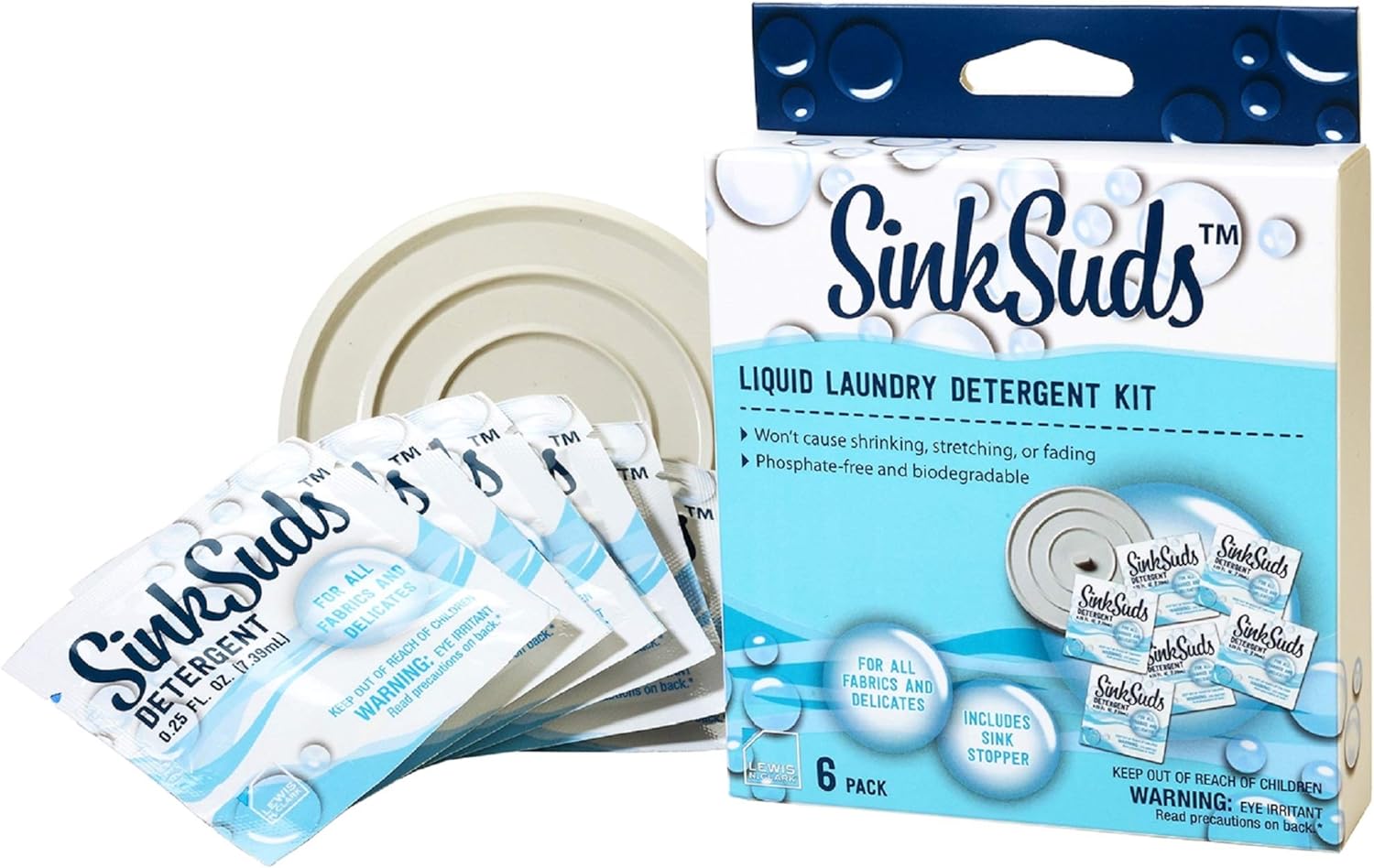 SinkSuds Travel Laundry Detergent Liquid Soap + Odor Eliminator for All Fabrics Including Delicates, (TSA Compliant),6 Sink Packets (0.25 fl oz Each)+1-4in Stopper, White, Single,6 Count (Pack of 1)