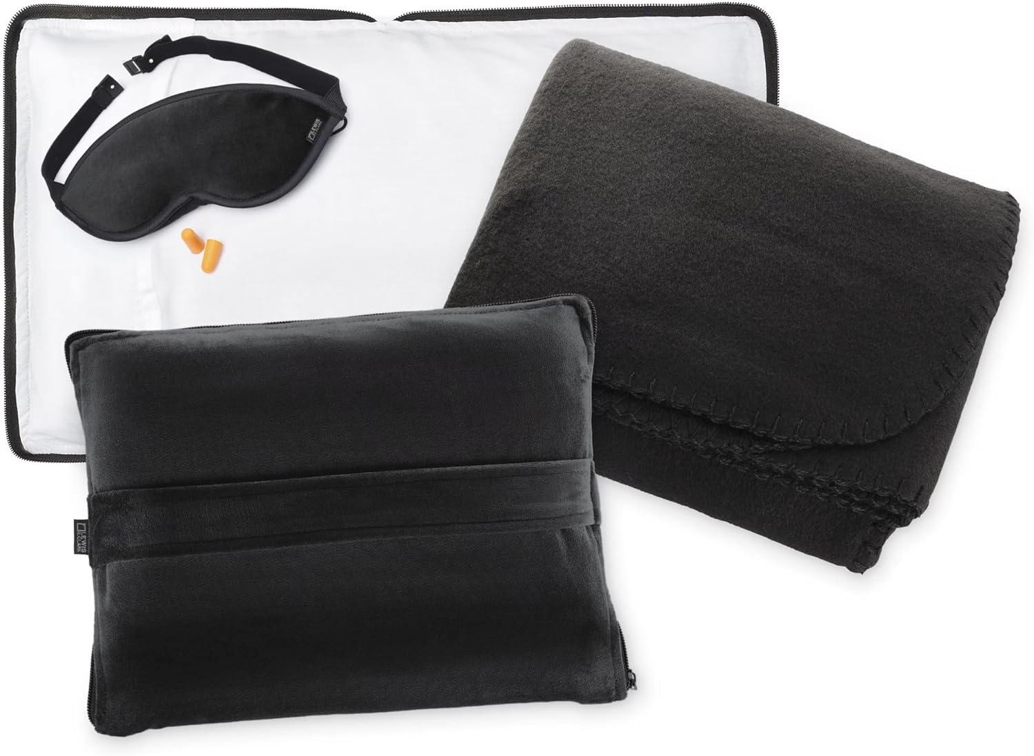Lewis N. Clark Ultimate Comfort Set + Portable Travel Kit for Airplane, Includes Inflatable Pillow + Zippered Carrying Case, Cozy Fleece Blanket, Eye Mask for Sleeping & Foam Ear Plugs, Black