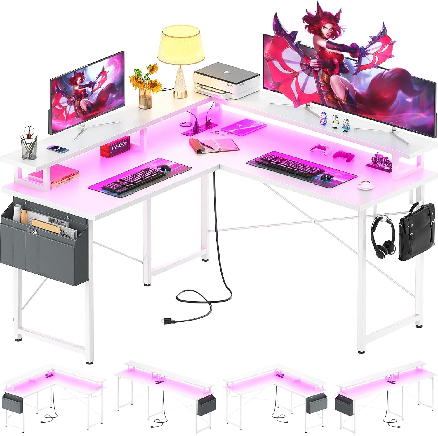 armocity L Shaped Computer Desk with Power Outlets, Gaming Desk L Shaped with LED Lights, Corner Desk with Storage Shelves, Work Study Desk for Bedroom, Home Office Small Spaces, 47'', White