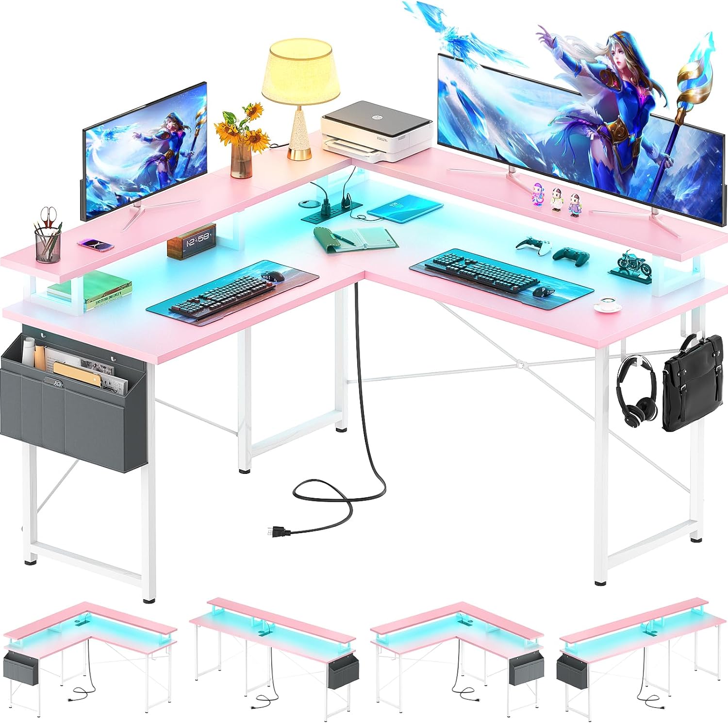 armocity L Shaped Computer Desk with Power Outlets, Gaming Desk L Shaped with LED Lights, Corner Desk with Storage Shelves, Work Study Desk for Bedroom, Home Office Small Spaces, 47'', Pink