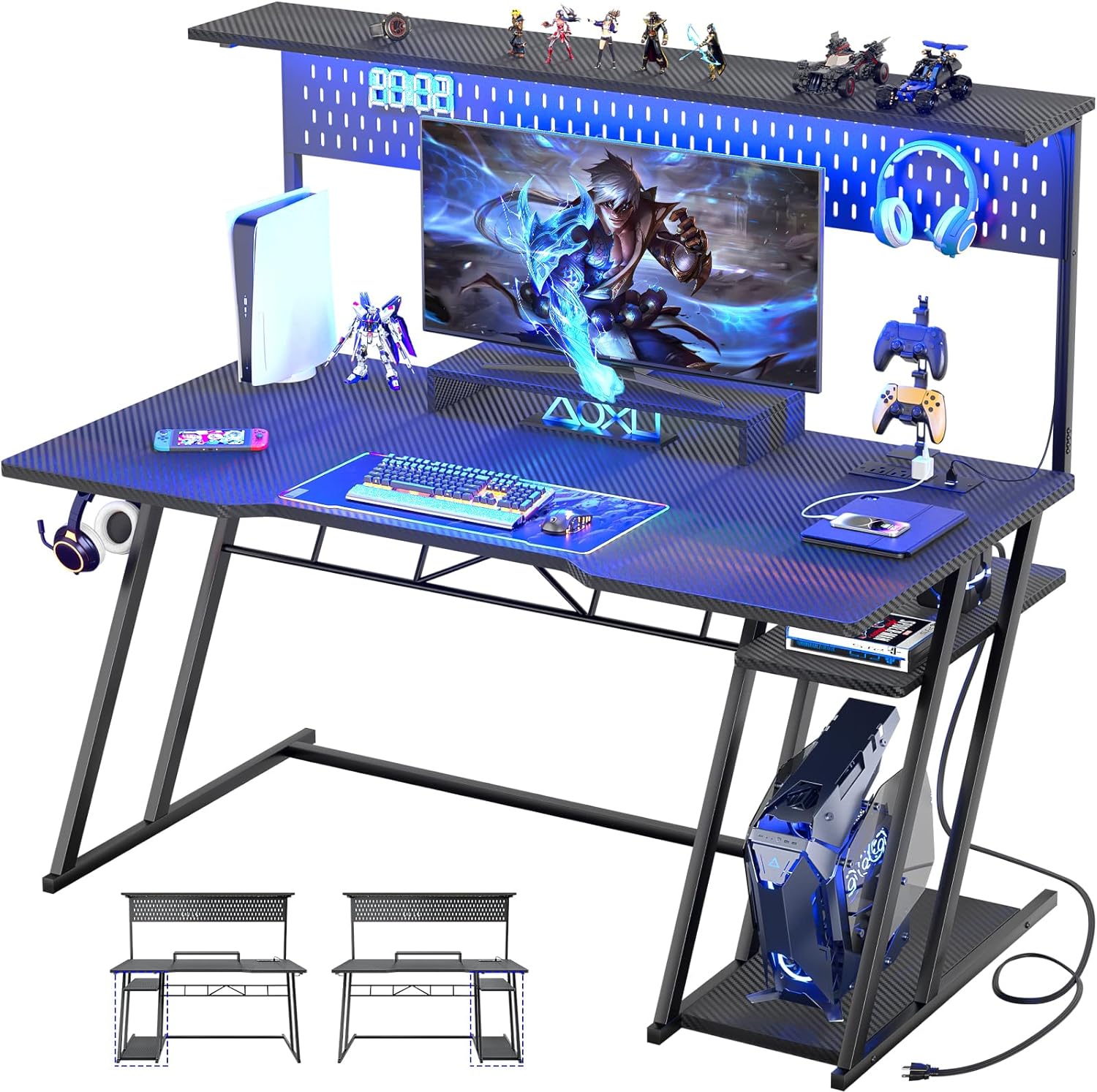 55'' Black Gaming Desk with Hutch and LED Lights, Gaming Computer Desk with Storage Shelves & Z-Shaped Legs, Reversible PC Gaming Desk with Pegboard, Ergonomic Desk for Bedroom, Carbon Fiber Surface